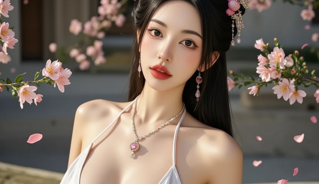 stunning beauty, Aesthetic, Oil painting style, thick coating, Women with incomparable style, Exquisite facial makeup, Black hair, long hair and waist, long eyelashes, Dark brown pupil eyes, exquisite nose, Lip balm, Inseparable strands, Beautiful posture, Graceful curves, Slender ideal type, Super special exaggerated huge breast weight, Bold, Elegant, Extravagant artistic acts, romanticism, (Fractal Art), Vibrant colors, Sunny glare smooth skin, Professional photo close-ups, Brutalist design, Explore Victoria's Secret, blush, flower petals, Vivid colors, The most beautiful chaotic shapes, Colorful, Colorful and magnificent, From above, from the front side