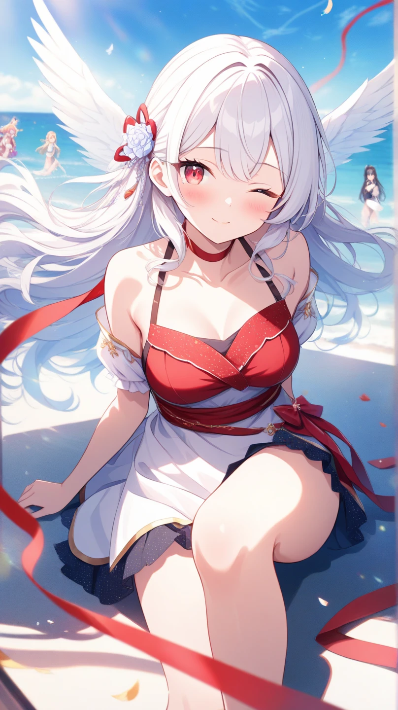 Lori, white hair, cute, red eyes, leaky chest, no panties, seaside, sunset, headband flowers