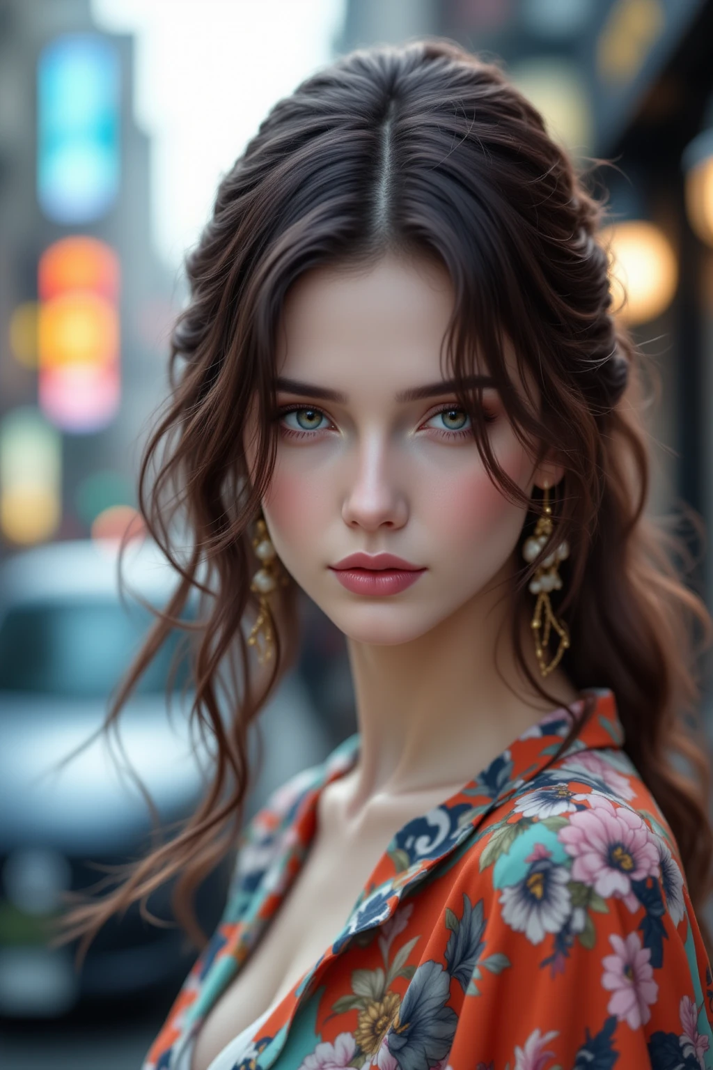extremely detailed CG,UHD wallpaper, Extreme details,(realistic:1.2),(((best quality))), ((ultra-detailed)), (cute detailed face:1.2), {{highly detailed face}},beautiful and aesthetic,1girl,(masterpiece:1.4),glowing skin,strong rim light,dramatic shadows, intense shadows, SIGMA 35mm F1.4, ISO 200 Shutter Speed 2000,Photorealism,{photorealistic}, photogenic,Illustration, Girl, detailed manga illustration, finely detailed,HIGH RES,Stunning art,{{intricate detail}},(((beautiful detailed lighting))),beautiful detailed colorful eyes, dynamic fuzziness, intricate light, detailed clothes, rouge,full-length photograph,cyberpunk,Cyborg,sci-fi,city,cyberpunk busy city street,airship,fluorescence,
curly hair,hair over one eye,gradation hair,azure hair,green eyes,blush,lace,ribbon,