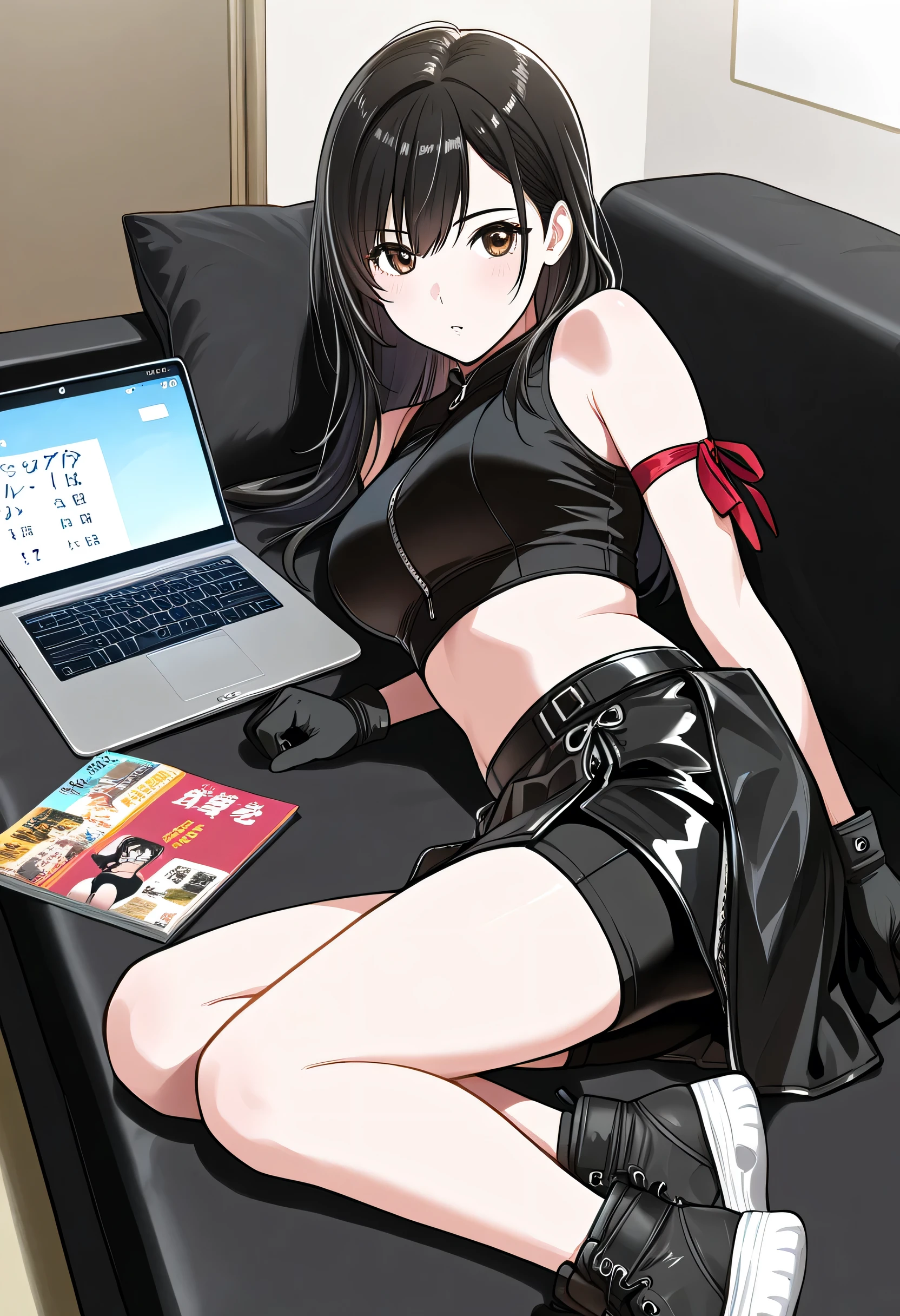 Japanese fashion magazine covers,laptop,girl,Gadget room,acTif, brown eyes, black hair, long hair, black shirt, black tank top, zipper, black skirt, midriff, black shorts, black gloves, arm ribbon, black sneakers,,