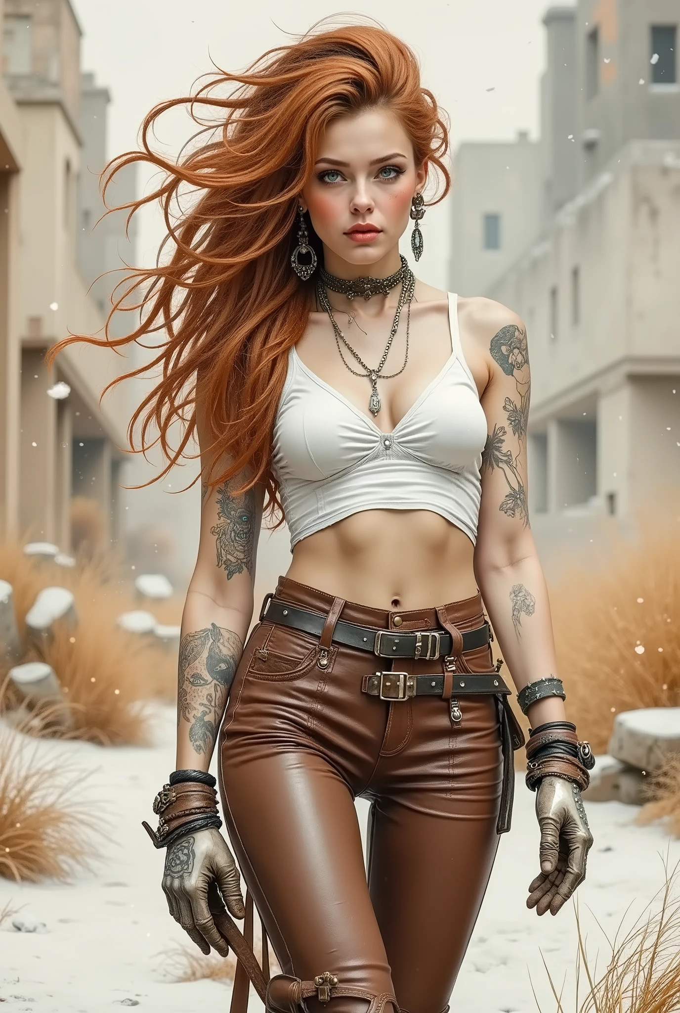 Realistic digital art. Realistic image of an unreal apocalypse girl. She stands with her head slightly turned towards the viewer. A very beautiful, slender, muscular European-type girl. Pale skin. Beautiful, big turquoise eyes. The look is incredulous and stern. High cheekbones and a pointed chin. The lips are pale and chapped. There are epic tattoos on his face and body. A High voluminous hairstyle of long, matted dreadlocks in the punk style. Biker-rocker-style leather clothes are shabby and dusty, decorated with rivets and zip fasteners. Massive earrings and bracelets made of white patinated metal. His hands were wearing straps and leather gloves. The atmosphere of the post-apocalypse. Snow, flying ash, diffused white light. Ruins covered with snow. Bokeh. Shooting from one level.