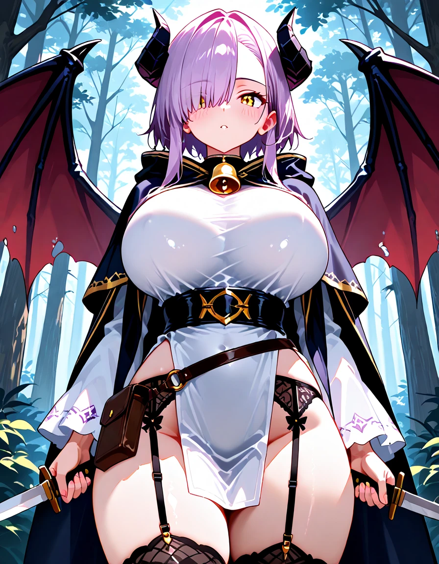 (One girl),(short hair),(sidelock),(Blonde),(hair intakes)+,(Princess Connect),(huge breasts),(plump)+,(beautiful girl)+,[Big thighs],(slant eyes),pink eye,(Futanari)+,(boyish),(Vampire),leotard,(thigh-high socks thighhighs),(long gloves),say,(Erotic squatting),see-through ,(White Background:1.5),