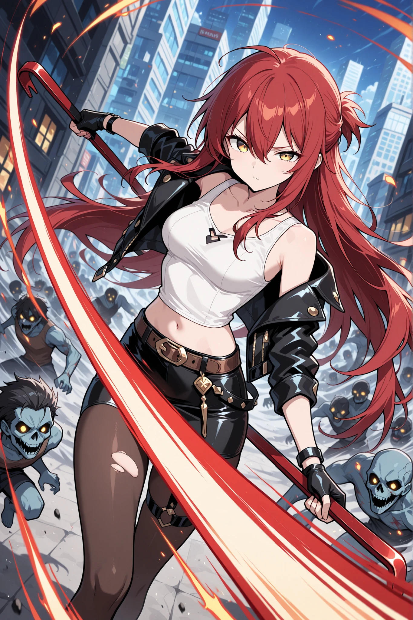 anime style, 1 girl , golden eyes , very long hair , long sidelocks, red hair ,half updo, petite , very cute , beautiful ,Straight hair, cool, handsome, hair between eyes, sexy, medium breasts, messy hair, leather jacket, navel, miniskirt, white tank top ,leather belts , torn pantyhose, fingerless gloves, wrist bands, crowbar, squinting eyes, (holding crowbar:1.2), energy, (((slashing viewer, many slashing lines))), cool pose, dynamic pose, motion lines, glowing movement lines, fire in background, dynamic angle, action scene, motion blur, masterpiece, best quality, amazing quality, very aesthetic, absurdres, newest, dynamic concentration line, perspective, zombie apokalypse, city, zombies around