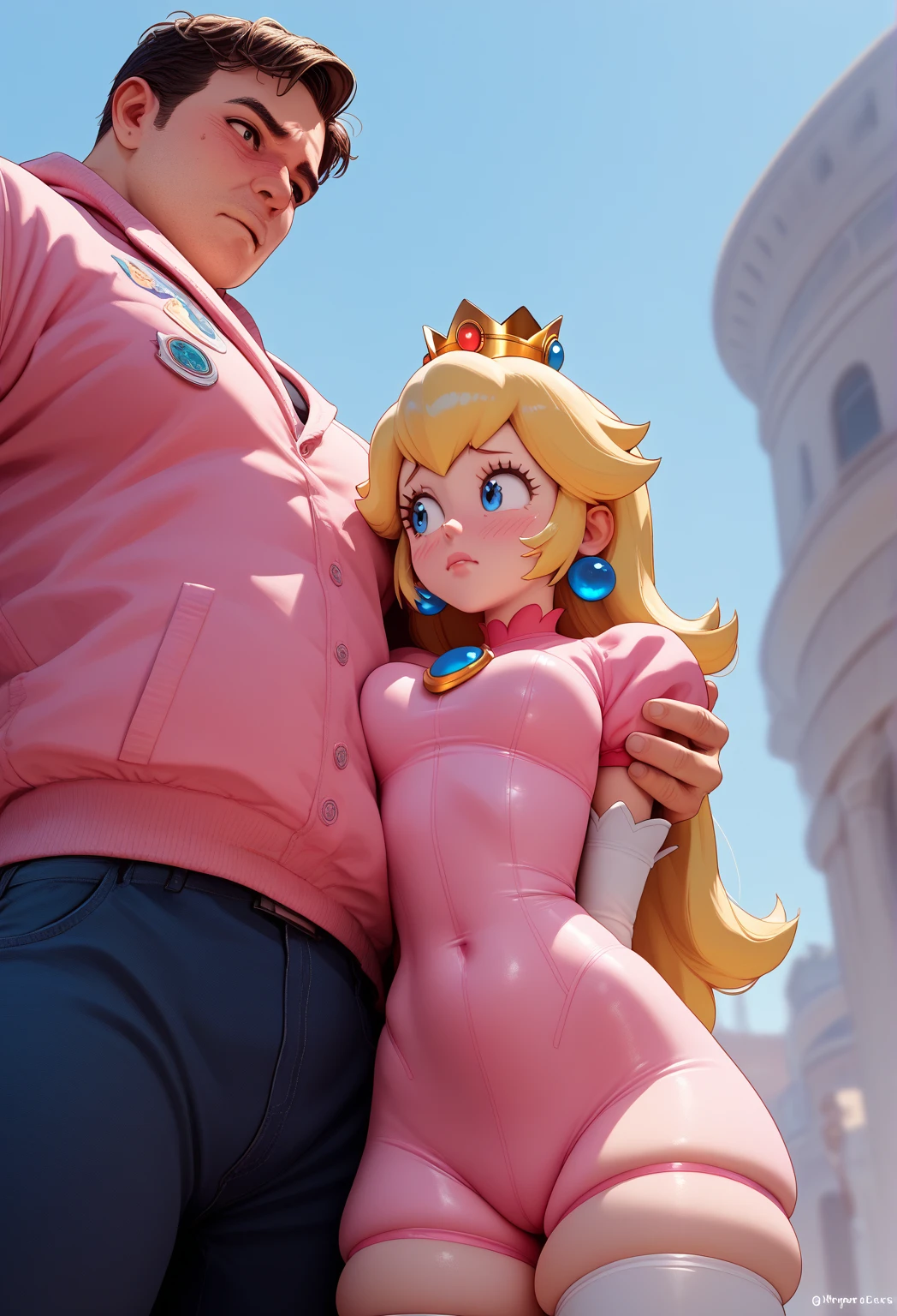 score_9,score_8_up,score_7_up,source_cartoon,source_anime,1girl,intricate,outdoors,castle,highly detailed,soft lighting,soft particles,glowing,black lingerine,huge breasts, white shirt, underboobs,curvy,digital art,realistic,princess peach,pink dress, hug, shota, woman and shota, smile,
