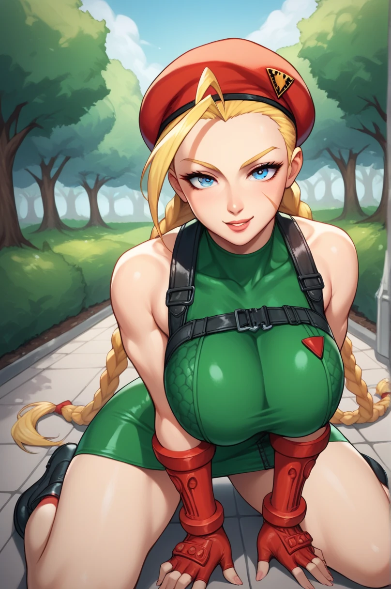 1girl, (solo:1.2), (looking at viewer:1.5), (masterpiece:1.3), (best quality:1.3), (perfect ???????:1.4), highly detailed, (secluded river scenery:1.2), (sunlight through trees:1.3), daylight,natural rock formations, nature,, Cammy white, twin braids, long hair, (blonde hair:1.2), antenna hair, beret, (red headwear:1.3), (blue eyes:1.3), scar on cheek, large breasts, (green leotard:1.5), sleeveless, red gloves, fingerless gloves, camouflage, vibrant colors, warm palette, expressive, solid shading, 4k, NSFW, gorgeous face, perfect breast, ripped leotard exposing breast, 