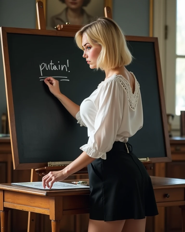 enseignante, mini-jupe noire, chemise blanche, gros seins, gros decolleté, blonde, sexy, grosse poitrine, belles courbes, réaliste, sourire légérement narquois. elle tient une affiche ou il y'a marqué " Ici, c'est le lycée des débauchés"