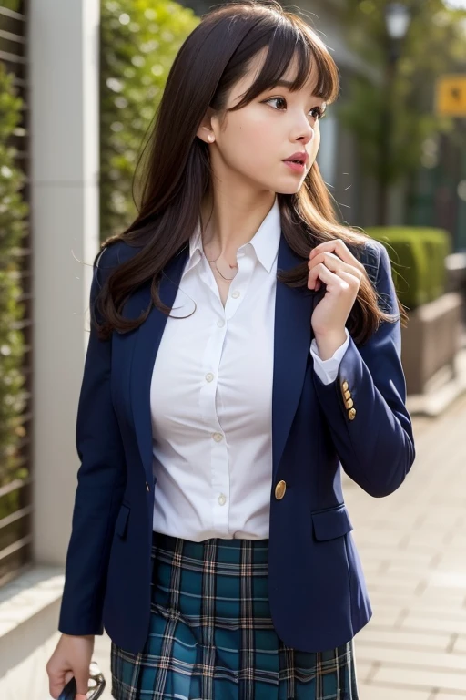 Woman in a suit standing on the sidewalk,((23-year-old woman))、small Breasts、Dark brown hair color、Hairstyle with bangs、Various hairstyles、Hairstyles of different lengths、(8k, RAW Photos, highest quality, Tabletop: 1.2),、(Realistic, Realistic: 1.3), Cityscape, Day, Sunny Morning, Professional Lighting, Photon Mapping, shirt, (Woman in a suit,) Silk Suit、Pencil Skirt、Tight Skirt、((Delicate photo))，(Detailed RAW Photos of Girls), (Tabletop:1.25), (highest quality:1.6), (超A high resolution:1.5), (Realistic:1.75), 8k resolution, Canon EOS R5, 50mm, absurdes, Ultra-detailed,Cinema Lighting, (Skirt Lift:1.5)、nsfw、the wind is strong、smile、Skirt flipped up, ((panties)), beautiful pussy, nsfw,