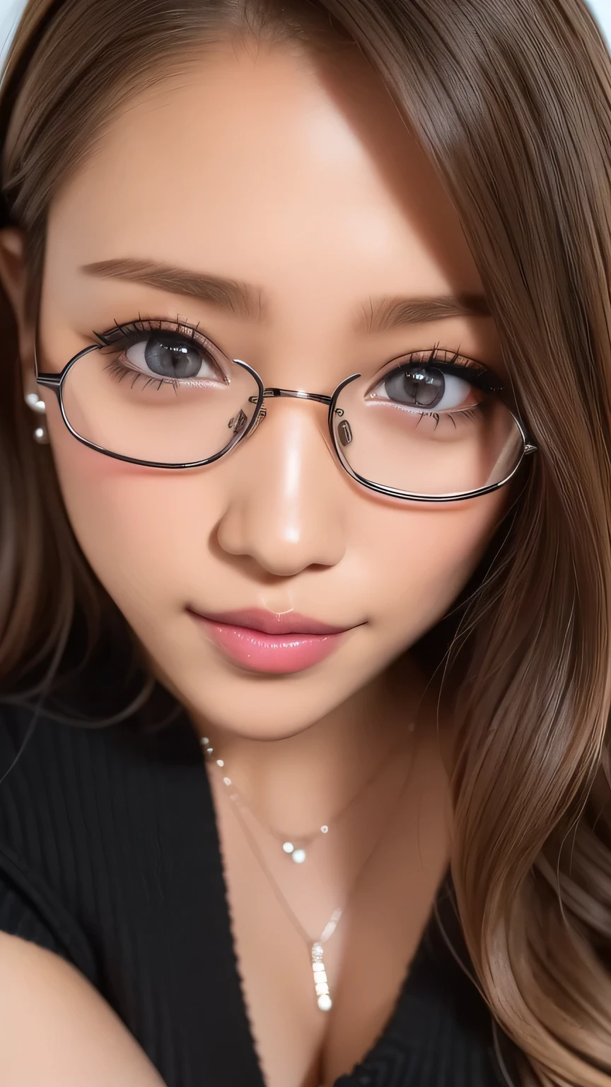  ((Highest quality, masterpiece, anatomically accurate, Super Detail, 8k)), ((Photorealistic, Canon, debt/1.2, 135 mm,  shining light on her face :1.5, Masterpiece,  anatomically correct,  textured skin,  super detailed,  highest quality,   8k, black rimmed glasses, Glasses fetish, front light  :1.2,  perfect dynamic composition), (24 years old, 1 person, Cute and sexy tutor, G-cup big breasts, sexy face, gal makeup, 、  Half open sexy lips 、     beautiful woman、(     Black sweater     , Sexy cleavage:1.1)、Perfect big breasts、( blonde alone      :1.1)、     beautiful skin that shines with bright,  Glossy lipstick  、  Sexy Lips in Duck Mouth 、 half open duck mouth lips、　 a lot of people stand out with clear images    、     bright color contacts       、Perfect gal makeup、    Perfect for an adorable companion  、(  Dark makeup for women      :1.2)、(             dark brown beige around the eyes             :1.1)、             Beautiful Bright Eye Shadow             、       dark sexy makeup around the eyes       、(Big Breasts:1.2)、       super long wavy hair       、(Romantic affection:1.1)、 amazing adult sex appeal The best smile he has when he sees me      、(       there are many people that accentuate body lines     ..:1.1)、(   strongly blurry  、       a   。:1.1)、(  The image is clear 、      jacket    :1.1)、       accurate anatomy、       ultra HD hair、(        Super Nothing Perfect Beautiful Teeth:1.1)、Ultra HD beautiful face   、       ultra HD hair、  crystal clear bang 、Ultra HD Shining Eyes、 Shining Super Nothing Beautiful Skin 、       Super Nothing Glossy Lips 、       Harry Winston necklace       