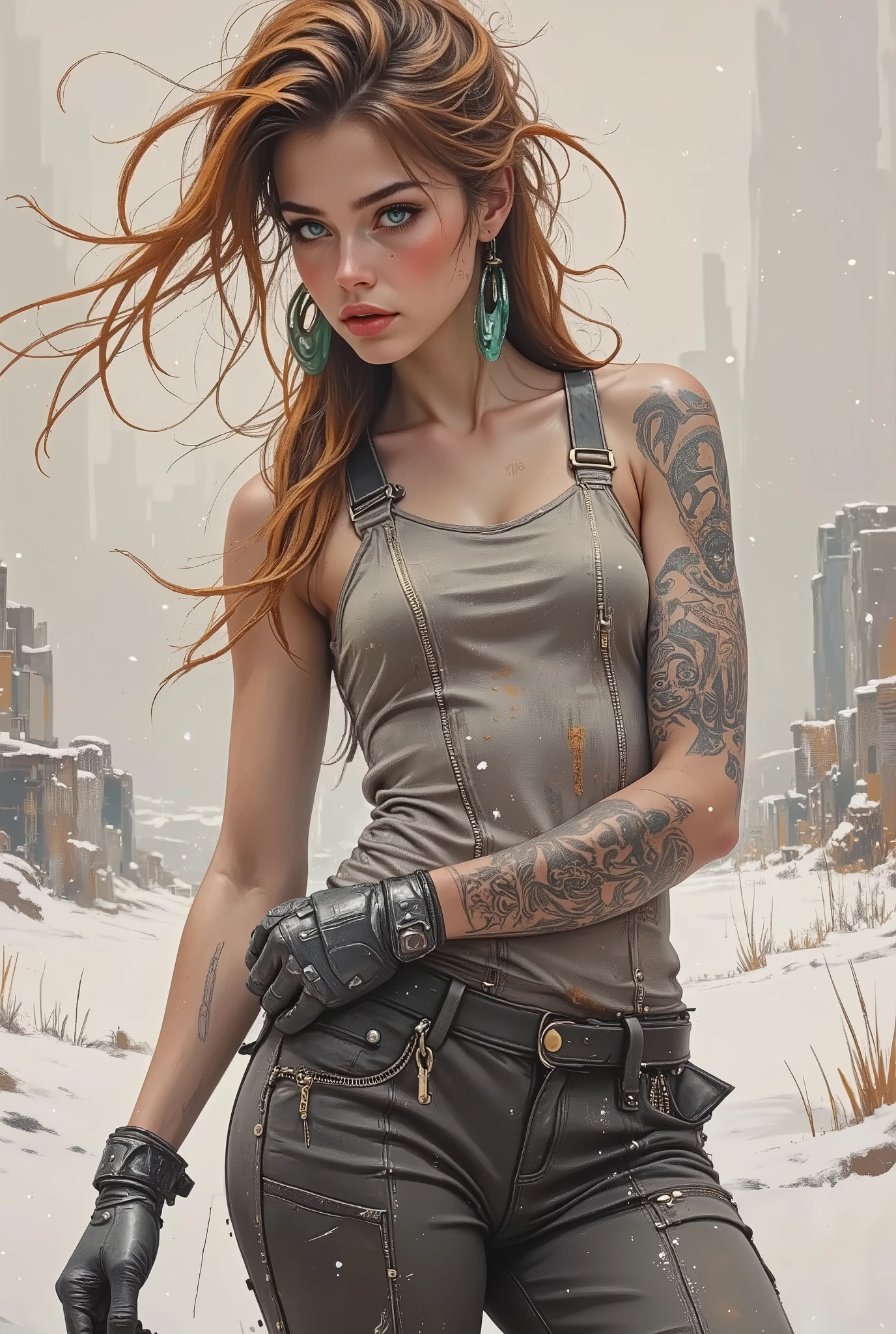 Realistic digital art. Realistic image of an unreal apocalypse girl. She stands with her head slightly turned towards the viewer. A very beautiful, slender, muscular European-type girl. Pale skin. Beautiful, big turquoise eyes. The look is incredulous and stern. High cheekbones and a pointed chin. The lips are pale and chapped. There are epic tattoos on his face and body. A High voluminous hairstyle of long, matted dreadlocks in the punk style. Biker-rocker-style leather clothes are shabby and dusty, decorated with rivets and zip fasteners. Massive earrings and bracelets made of white patinated metal. His hands were wearing straps and leather gloves. The atmosphere of the post-apocalypse. Snow, flying ash, diffused white light. Ruins covered with snow. Bokeh. Shooting from one level.