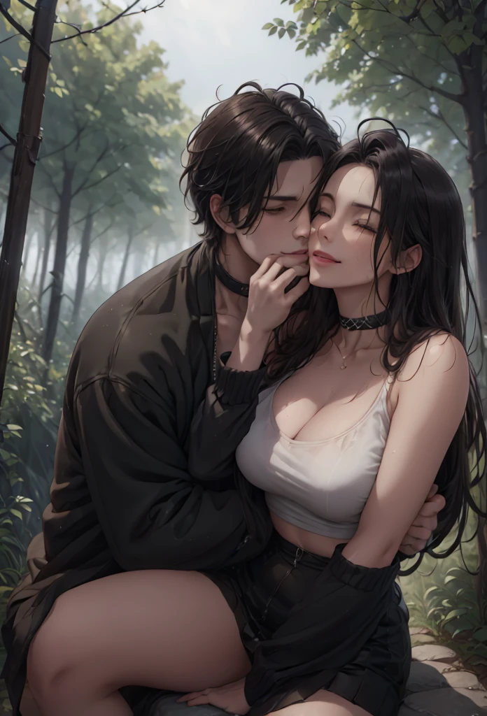 ((best quality)), ((masterpiece)), (detailed), perfect face, Indian teenage girl with a boy, beautiful eyes, curly hair, chubby body, hot pants, with heels, winking, romance mood, hugging , in a forest 