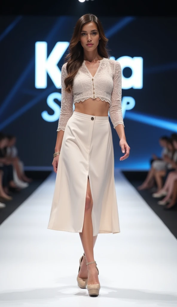 A girl walking down the runway at a fashion show, Children&#39;s underwear, Nipples, thigh, (High resolution:1.3), (16K, Realistic, RAW Photos, Best image quality: 1.4), (One Girl), Beautiful Face, (Lively Faces), Beautiful hairstyle, Realistic eyes, Beautiful and exquisite, (Realistic Skin), Beautiful skins, charm, 超High resolution, Surreal, High detail, Golden Ratio, Highly detailed cute girl,(20-year-old)