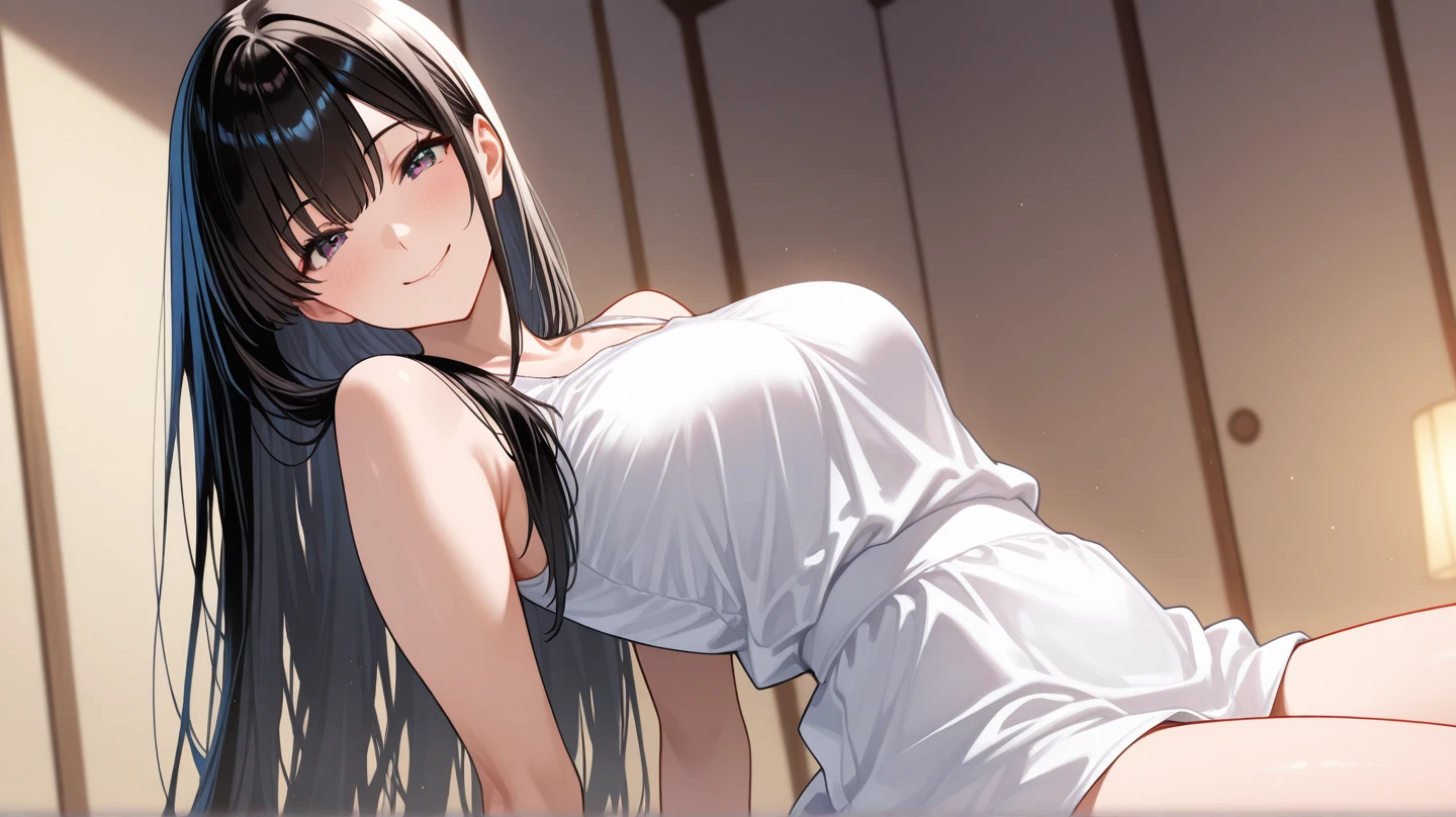 
((masterpiece, best quality, highest quality, ultra-detailed, 32K cg wallpaper, high resolution)), 1 woman,black hair,brown eye,long straight hair,swept bangs,wet hair,gigantic breasts,blush,smile,parted lips,naked towel,standing,from left in front,bedroom,
