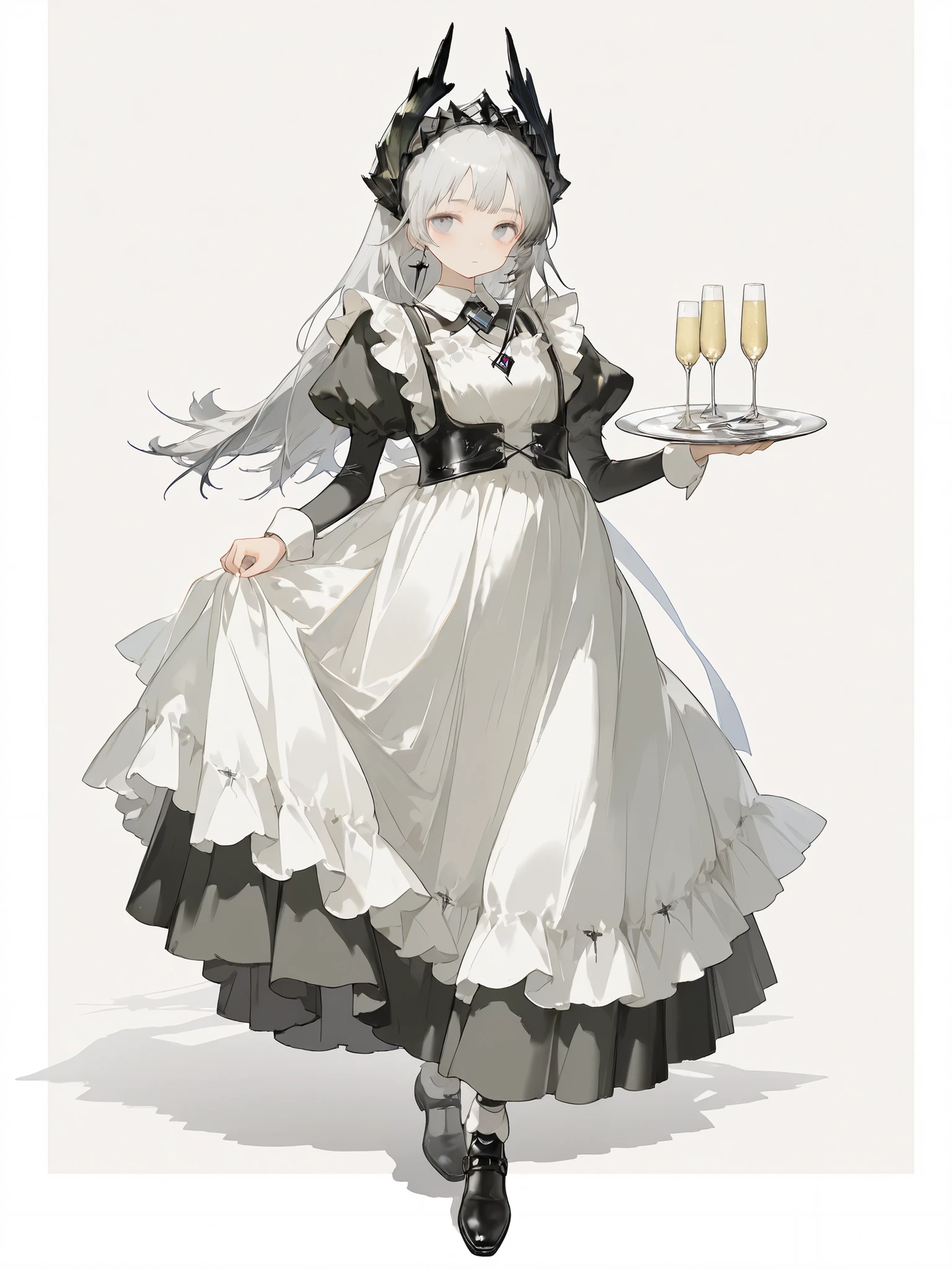 Super Detailed,(best quality),((masterpiece)),(high resolution),original,extremely,irene,1girl,(\Alini\),(\arknight\),Gray long hair,(There is a vertical scar on the left eye)+(Scar ),Baby fat face,traditional English maid costume,Maid Uniform,black long skirt,white full body apron,Maid tiara,black women's leather shoes, \(clothing\),(Dress ruffles), clothing shade ,(carrying a dinner plate)+(There is a glass of champagne on the plate).