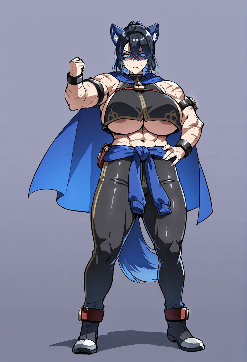 Detailed design of male anime character. many angles. detail. Young man, blue hair, white skin, strong muscles, wolf ears