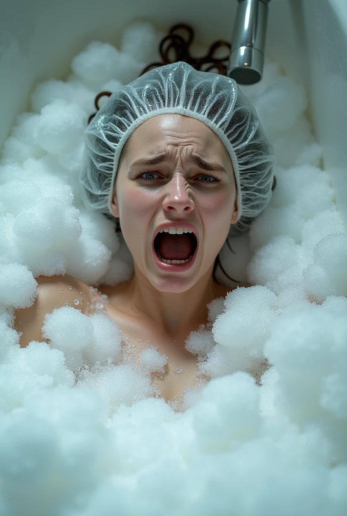 a pregnant woman in a bathroom in a bathtub with her face showing pain