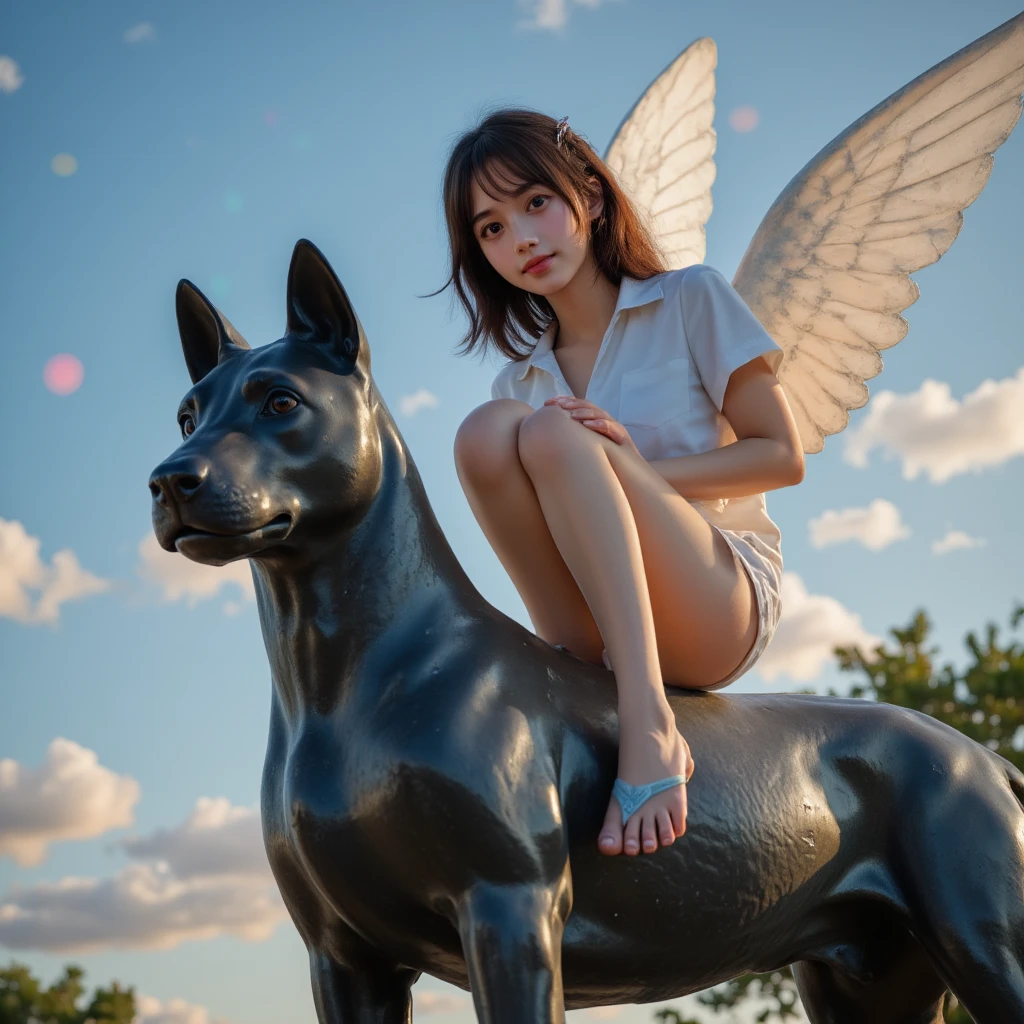 Wizard riding Falcor, flying over a farm, naked women