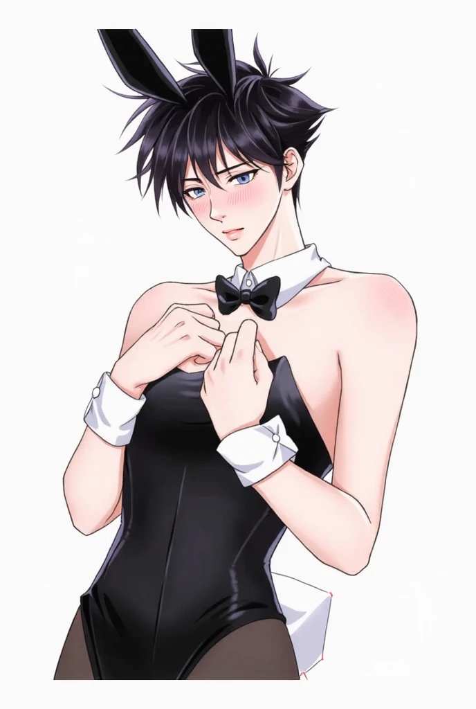 1 boy, sitting on table, playboy bunny costume, bunny ears, nip slip, fishnets, dick bulge, erection, tight fitting clothes, penis bulge in clothes, sweat, embarrassed, blush, lewd, NSFW
