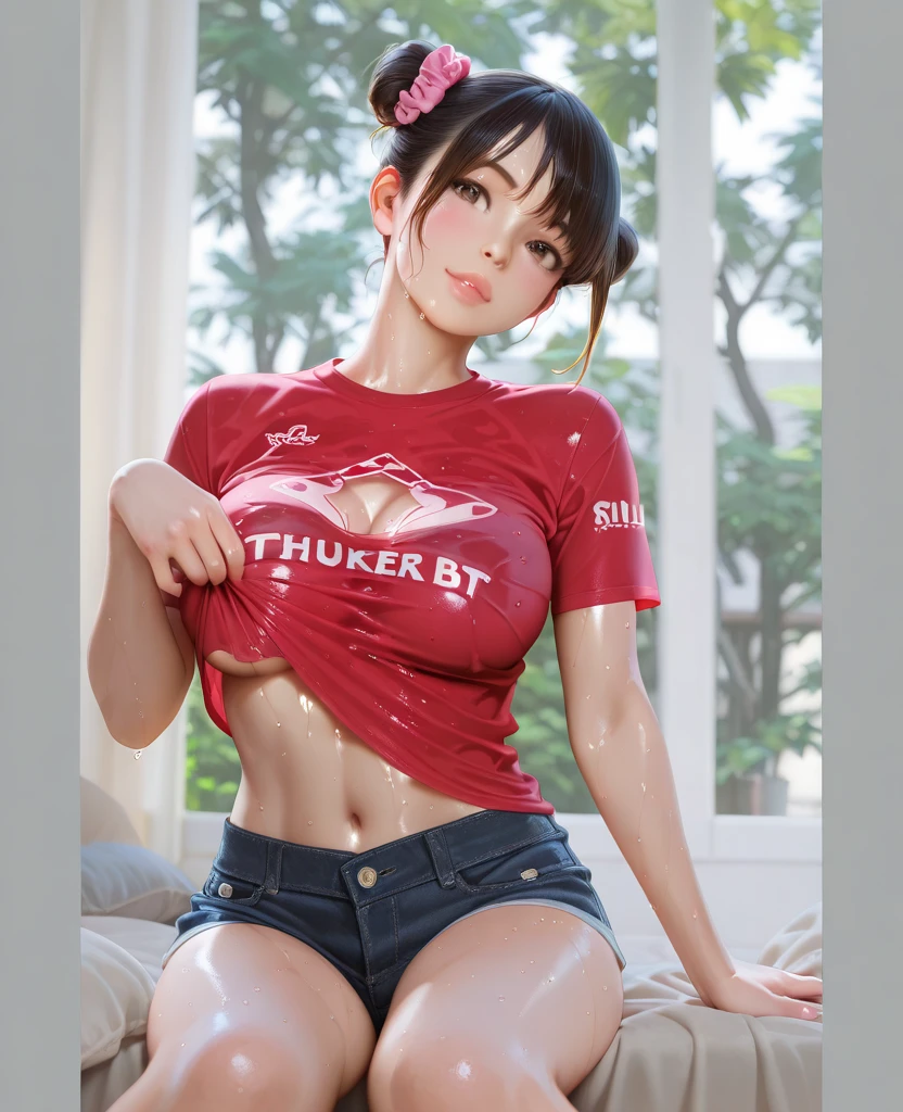 milf, Red lips, big thighs, big breasts, wears a very tight and transparent white tank top, skirt very tight to the body, nice butt, tousled short hair, embarrassed, ashamed, wear flip flops, you can see his feet, open the mouth, Ahegao