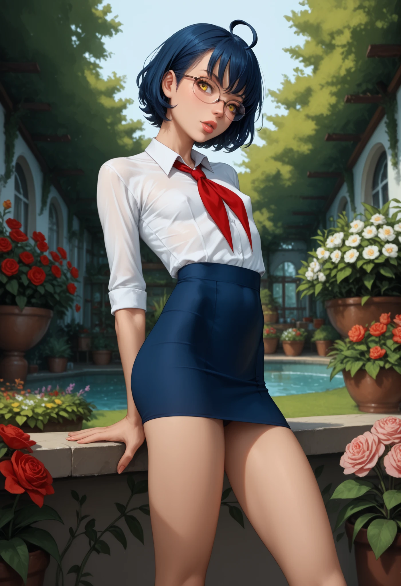 score_9, score_8_up, score_7_up, source_anime, full lips, sharp breasts, perky breasts, pointy breasts, Torpedotits, Flat chest, bubble butt, athletic, slim, (thin, slender, narrow shoulders and hips, anorexic girl, slender legs and arms), zhenya_es, ahoge, short hair, dark blue hair, yellow eyes, glasses, very tight clothes, bursting small breasts, flower garden, white collared shirt, red neckerchief, blue skirt