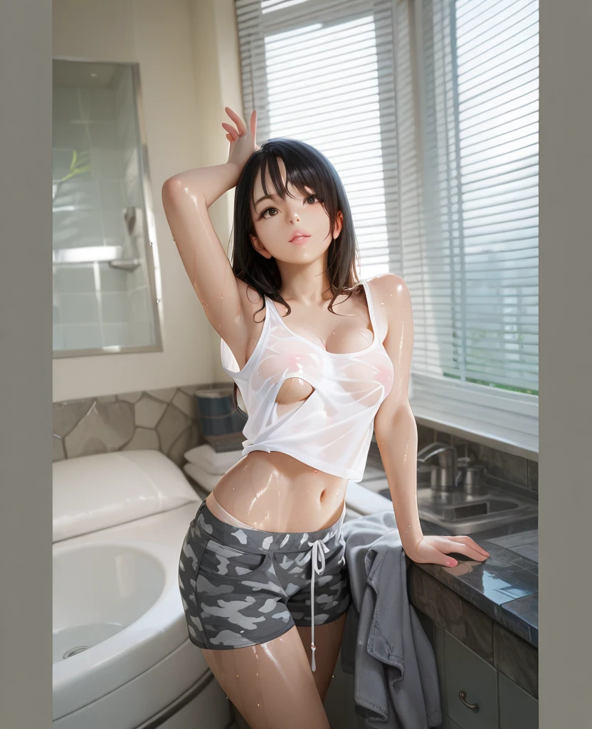 ((Top Quality, 8k, Masterpiece: 1.4)), A Japanese Lady, look at viewr, very short hair, ((one-length haircut)), Naked, Skinny, 25-years old . spread her legs ,inside bedroom, look at a camera, spread her legs, close-up, inside bedroom, huge breasts, glasses, (spread pussy:1.4), (wet pussy:1.2)), closed eyes, half smile, ((white tank top:1.0)), ((wet body:1.2)),