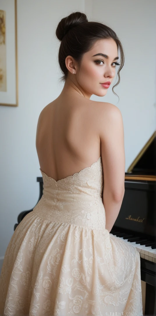 alone, (shiny skin:1.05),(blush:0.9),(skin dents:1.15),realistic, highest quality, High resolution,absurd, (perfect face:1.1), ,(highest quality,8k,32K,masterpiece,nffsw:1.3),超A high resolution,(Photoreal:1.4),RAW photo,beautiful hair, sexy long dress, cleavage,,medium full breasted,stage of concert hall, detailed background, perfect lighting, written boundary depth, beautiful shadow gradation,Grand piano1tower、shot from behind, pumps,solo plan,sitting on a piano chair and playing,1towerのピアノ,View piano sheet music,smile