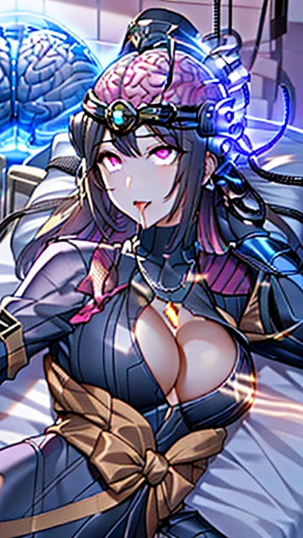 tiara, dress, showgirl skirt, long hair, black hair, red eyes, hair between eyes, cleavage, large breasts, bare thighs, bare shoulder, thighighs, panties, navel, sleeveless, midriff,