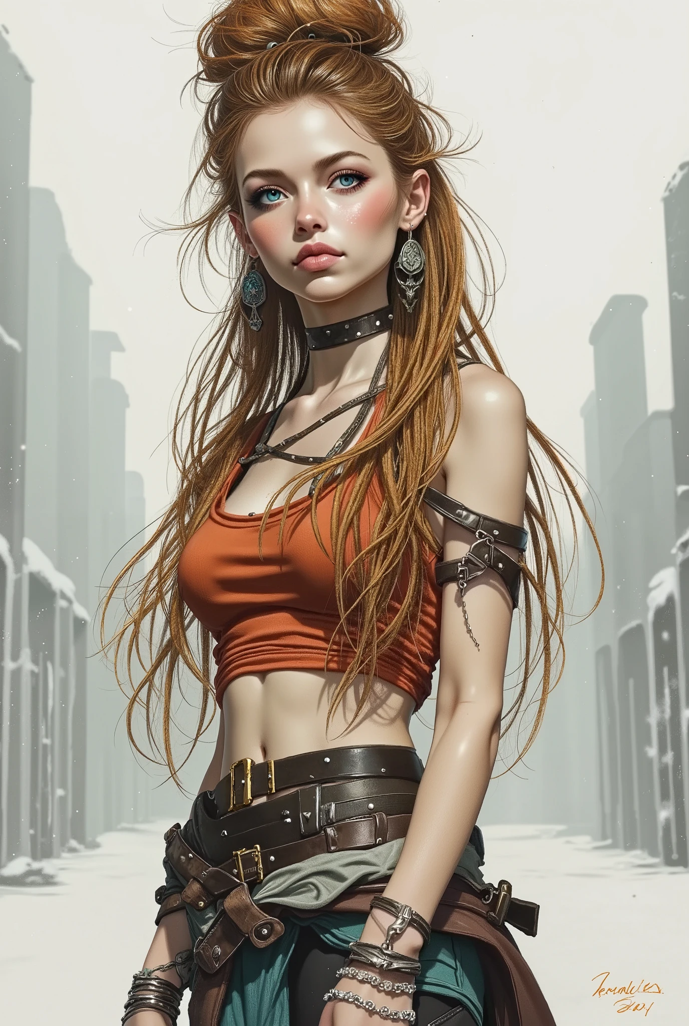 Realistic digital art. Realistic image of an unreal apocalypse girl. She stands with her head slightly turned towards the viewer. A very beautiful, slender, muscular European-type girl. Pale skin. Beautiful, big turquoise eyes. The look is incredulous and stern. High cheekbones and a pointed chin. The lips are pale and chapped. There are epic tattoos on his face and body. A High voluminous hairstyle of long, matted dreadlocks in the punk style. Biker-rocker-style leather clothes are shabby and dusty, decorated with rivets and zip fasteners. Massive earrings and bracelets made of white patinated metal. His hands were wearing straps and leather gloves. The atmosphere of the post-apocalypse. Snow, flying ash, diffused white light. Ruins covered with snow. Bokeh. Shooting from one level.