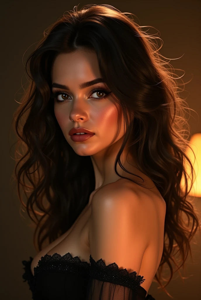 HyperSmoke, award winning portrait photo of an young norwegian woman, fair skin, bokeh, backlit, (brown color in detail:1.1), elegant atmosphere, realistic, intricate details, true skin tone, dark backround <lora:lowkey_v1.1:1>