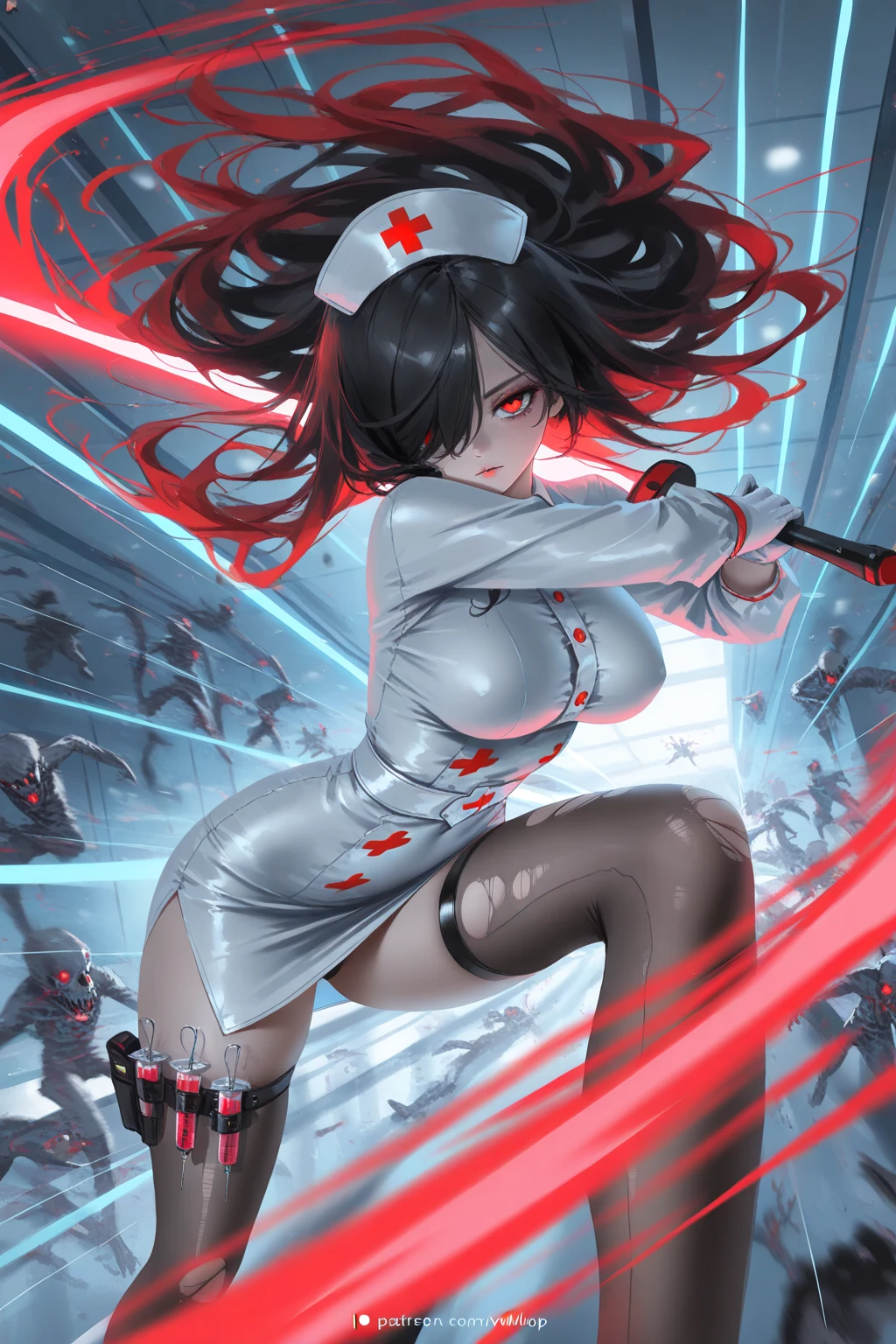 ((1girl/Ultraman,all wet/helm)), Unreal Engine 5/Mortal Kombat, anime style, Max resolution/quality/sharpness/detail spectator,big1breasts,mohawk hair,looking/facing/exhibitionist/holding futuristic gun/expression of hate, in a futuristic city raining/thundering.