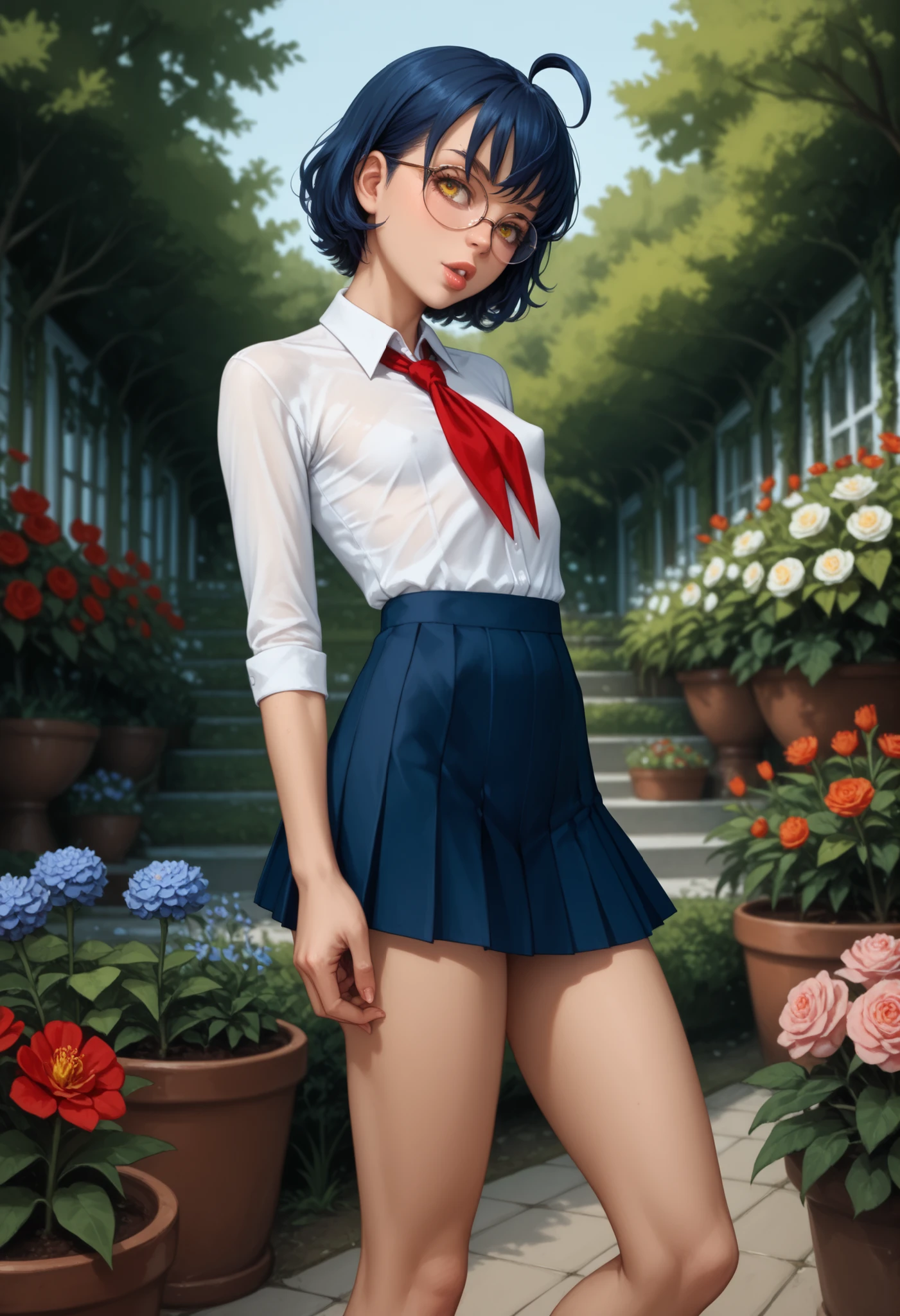 score_9, score_8_up, score_7_up, source_anime, full lips, sharp breasts, perky breasts, pointy breasts, Torpedotits, Flat chest, bubble butt, athletic, slim, (thin, slender, narrow shoulders and hips, anorexic girl, slender legs and arms), zhenya_es, ahoge, short hair, dark blue hair, yellow eyes, glasses, very tight clothes, bursting small breasts, flower garden, white collared shirt, red neckerchief, blue skirt, pleated skirt