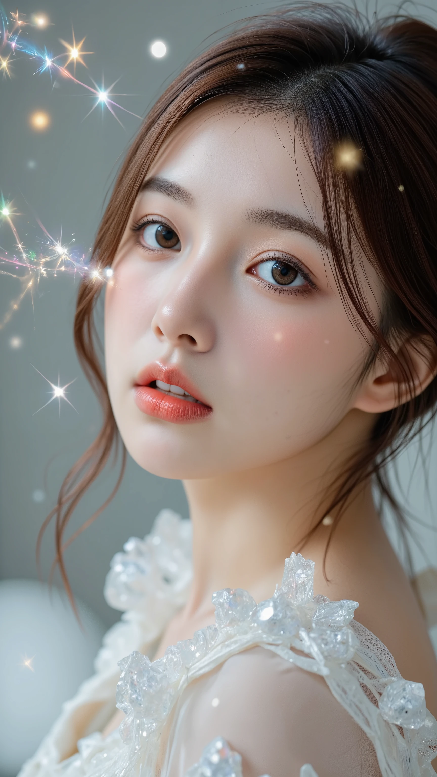A beautiful woman with crystal makeup. Crystals sparkle in her eyes and she is surrounded by them. Her skin shines like moonlight. The background is an abstract silvery glowing space with gold accents. High resolution photography, exquisite details, soft lighting and a hyperrealistic style.
