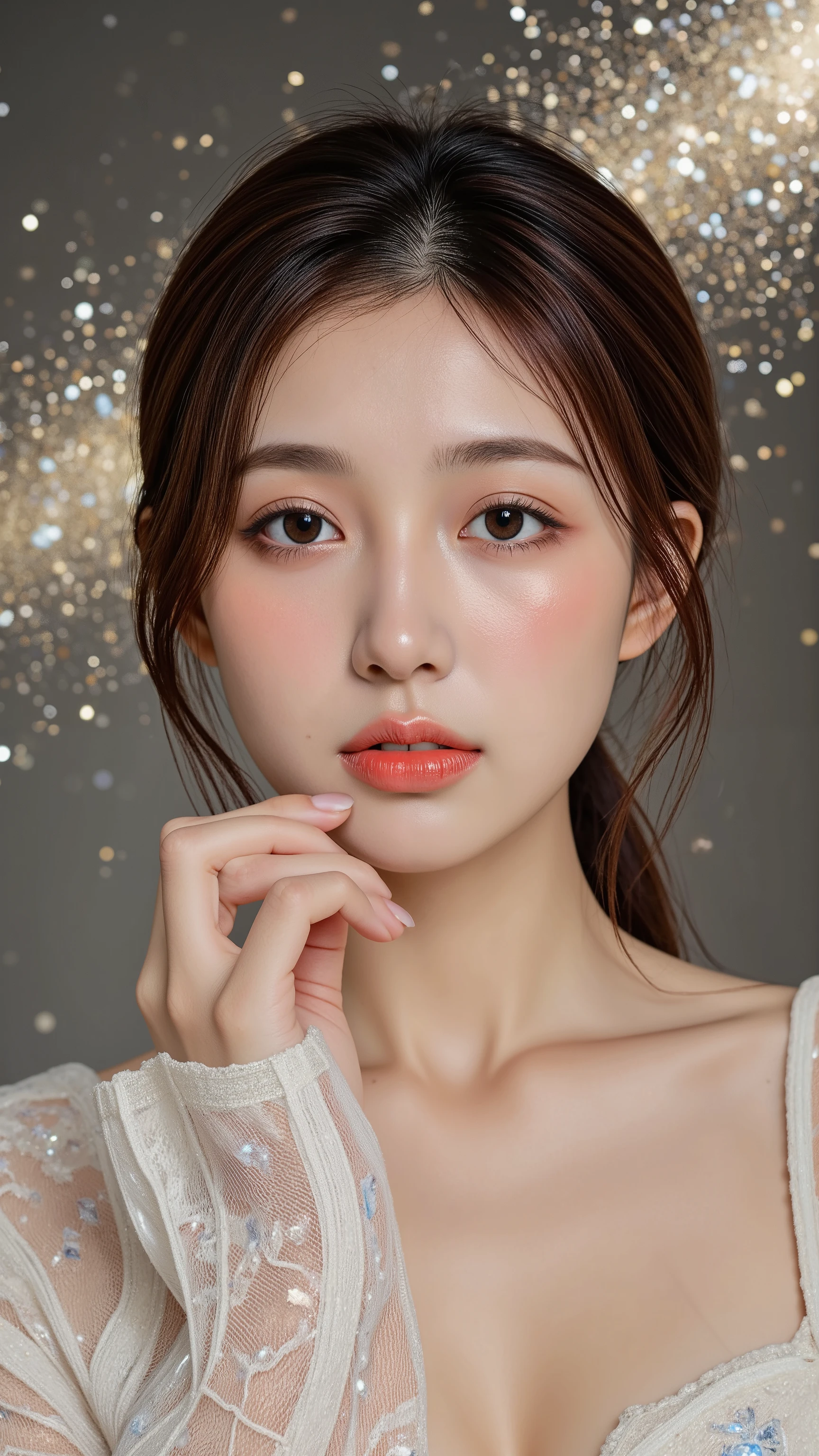A beautiful woman with crystal makeup. Crystals sparkle in her eyes and she is surrounded by them. Her skin shines like moonlight. The background is an abstract silvery glowing space with gold accents. High resolution photography, exquisite details, soft lighting and a hyperrealistic style.