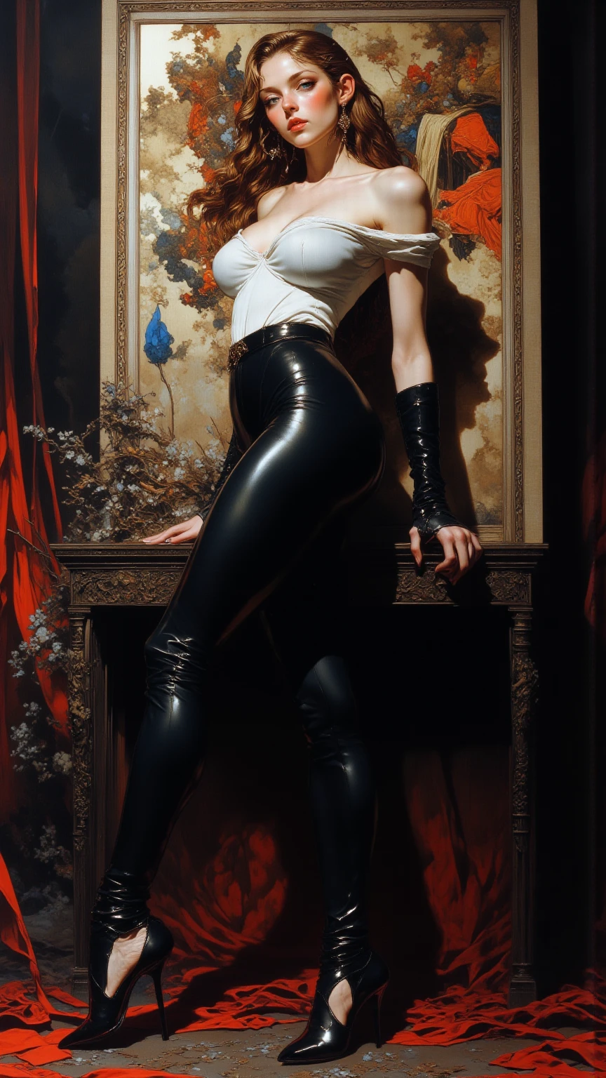 a girl in topless in a leggings little boots sitting legs wide open view down below in the style of Gigi Cavenago and Jeffrey Jones and Albert Beck Wenzell and norman rockwell