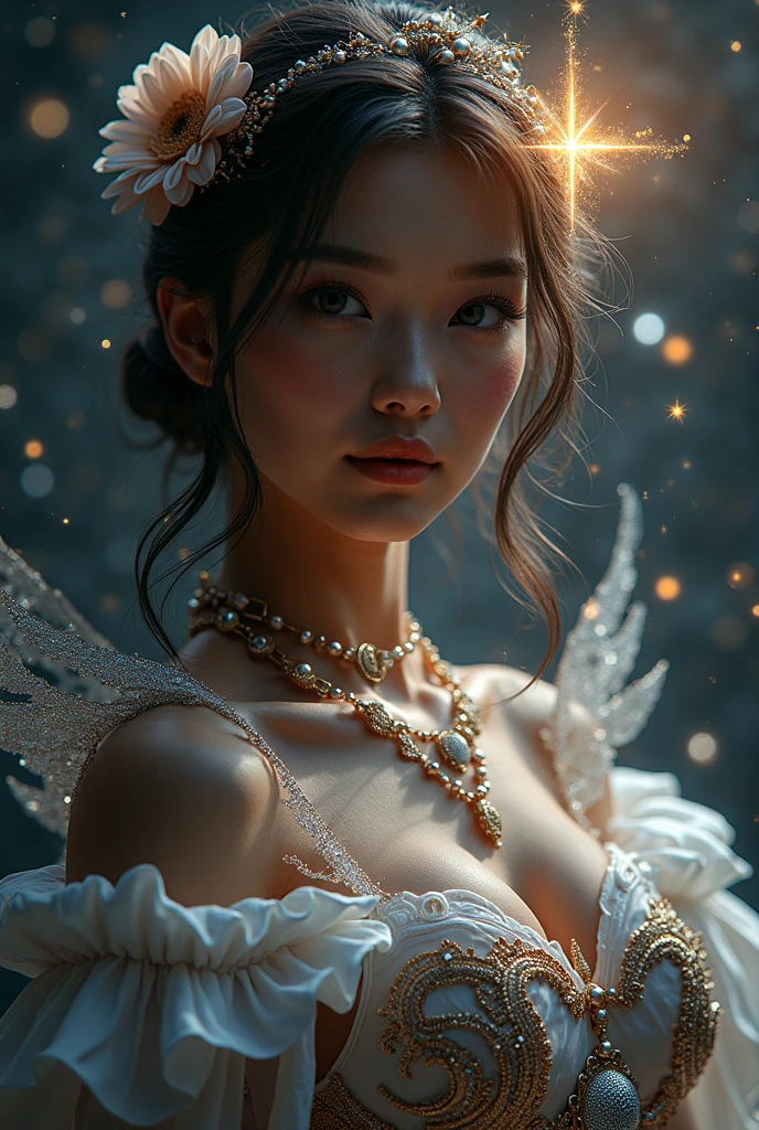 (girl with surging energy aura:1.2), BREAK, 1girl, (energy stream upward:1.2), windswept upward, detailed hair, see-through drapped clothes, cleavage, huge breast, shoulder, magical imbued pendant necklace, intricate ornate magical headpiece, bright light, (glowing:1.2), (lens flare:0.8), thunder, (masterpiece, top quality, best quality, official art, beautiful and aesthetic:1.2), extreme detailed, highest detailed, high resolution, perfect dynamic composition, bokeh, (sharp focus:1.2), high color contrast, depth of field, blurry background,