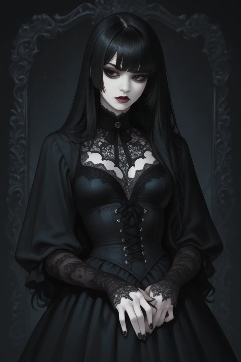 gothic girl, white eyes, black lips, long black hair, Black dress with lace, sin collar, corset with small skull buttons, Wicca sexy. Gothic style, Beautiful necromancer. frontal, Beautiful necromancer. Dark gloomy ritualistic background, without skulls.
