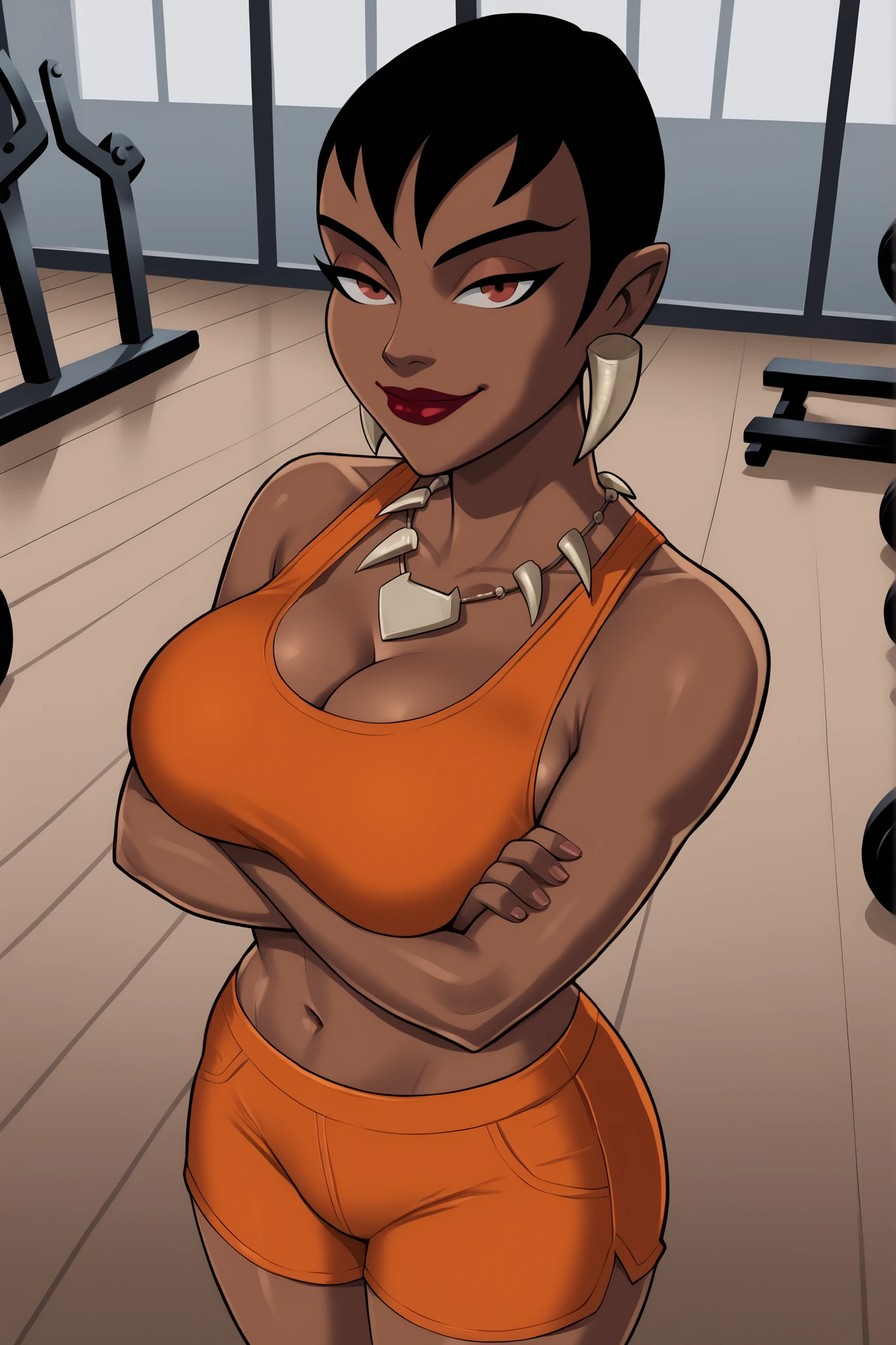PonyXLV6_Scores BREAK (((parody)), perfect anatomy, perfect eyes, cowboy shot) BREAK mari mccabe, short hair, black hair, dark-skinned female, red eyes, ((looking at viewer)), jewelry, necklace, earrings, cleavage, orange sports bra, orange workout shorts, large breasts, curvy, athletic, indoors, smile, closed mouth, gym, sultry expression, bedroom eyes, bright red lipstick, standing, arms crossed, crossed arms, high-angle view