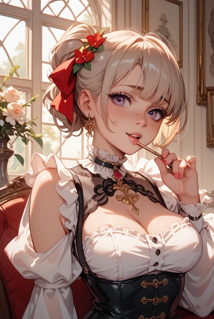 ((highest quality)),(ultra high resolution),(Super detailed),(detailed description),((best CG)),(best work of art),super precision art, great drawing art,(Art with precise details:1.5), (1 young girl:1.5), beautiful and well-shaped face:1.5,(Beautiful skin with precise and detailed depiction:1.6),(Frilly gothic dress ),gorgeous, masterpiece, best quality, high-resolution, finely detailed, extremely detailed and beautiful, distinct-image, 1 girl, 16 year old teenager, solo, soft facial features, symmetrical shaped face. plump cherry red lips, lightly tanned white skin. red and white-colored eyes, F-cup breasts, short height(150cm), plump short stack body type, waist length pink-white hair, small narrow waist, long and slender legs, curvy wide hips, elegant gothic courtyard setting