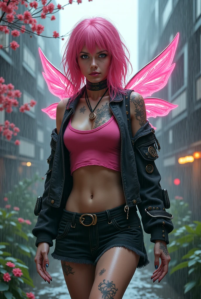 (masterpiece, top quality, best quality, official art, beautiful, cosmic, atmospheric, psychedelic, dreamlike, swirling psychedelic cosmic graffiti patterns and aesthetic:1.2), (1girl, neon pink mohawk hair, beautuful highly detailed Harajuku-inspired hooded punk rock hip hop clothing torn skinny jeans, tons of tattoos and piercings, super huge enormously gigantic tits, cleavage showing), extreme detailed,(fractal art:1.3),colorful,highest detailed, cherry blossoms and butterflies blowing in the wind