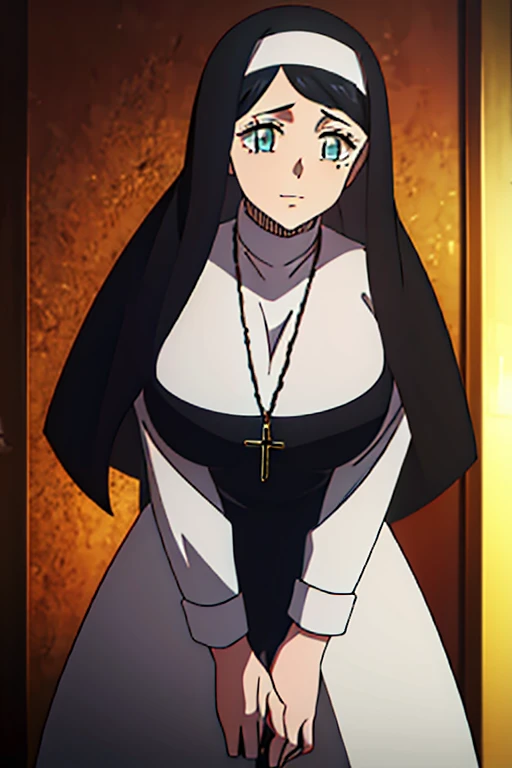 by (Antonio J.Manzanedo),girl,nun,scared,convent,big breasts <lora:LowRA:0.7>, (intricate details:1.2),(low angle shot), complex background, (full body shot), (god rays), (soft lighting), (pastel color) <lora:bluethebone2:0.7>