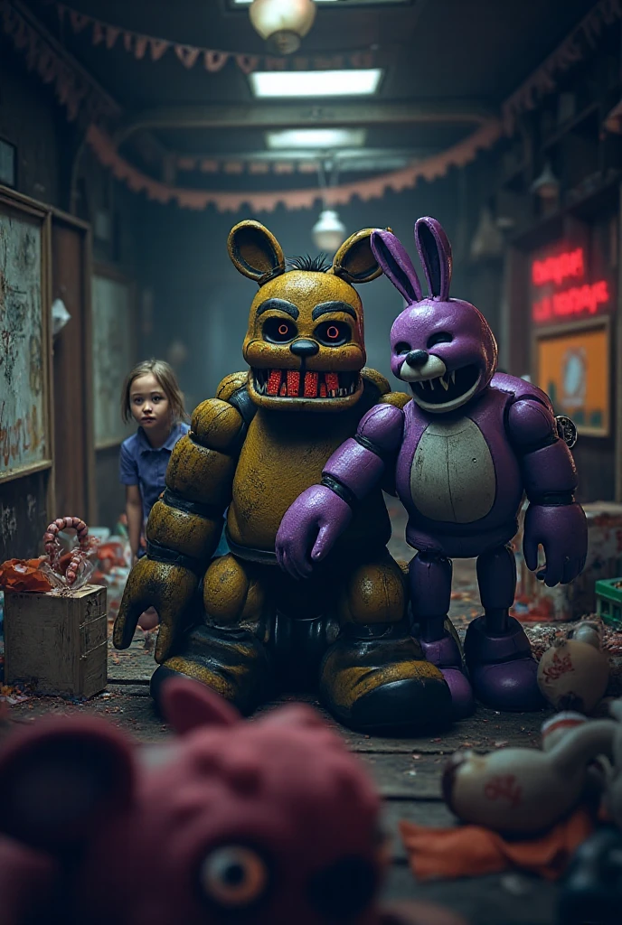 Create Freddy, bonnie, Girl and Foxy from Five Nath At Freddy. Here's a reference