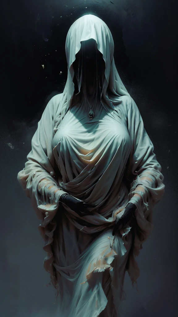 (ghostly, ethereal young woman with floor-length translucent, flowing attire, resembling a cloak). She has very long, flowing, cascading hair that adds to her ghostly appearance. Her face is gaunt, pale, ghostly, with a touch of sorrow. gloomy atmosphere. cemetery at the background. The scene exudes an eerie ambiance, with a hint of (nsfw, sensual) undertones, as if unveiling secrets from the past. (subtle nudity:0.7), g0s1