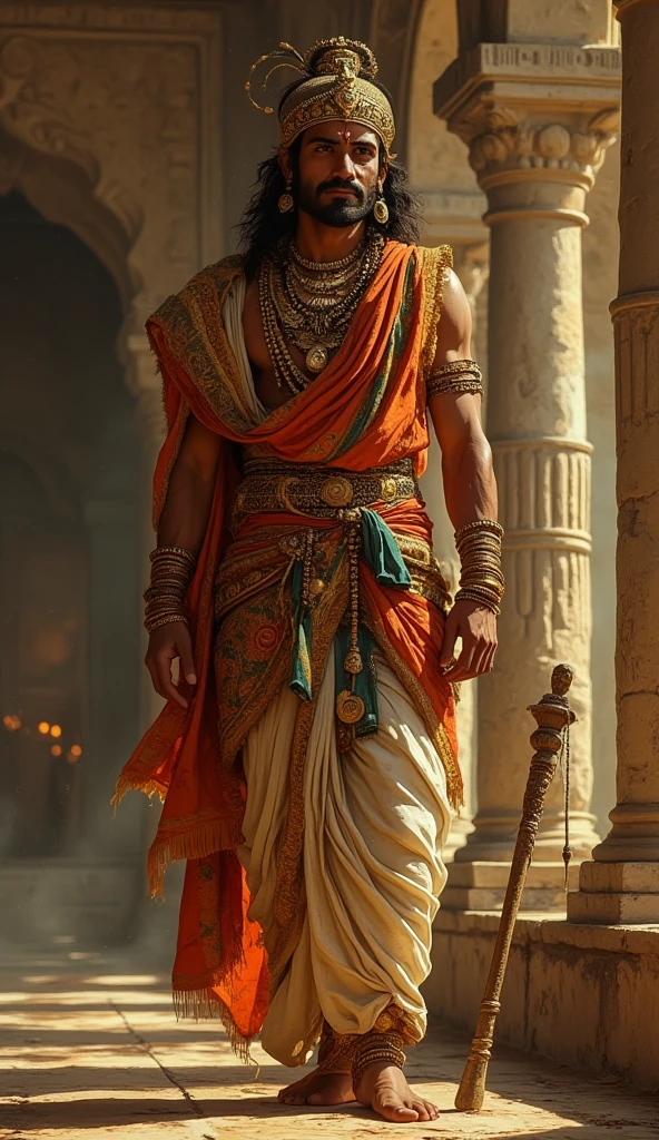 Bhima possesses a Herculean physique that dominates the space around him. He stands with an imposing stature, head held high, and shoulders squared. His chest is like a massive bulwark, a testament to his unparalleled strength. The sinewy muscles ripple beneath his skin, conveying power that seems ready to burst forth at any moment.
His limbs are thick and robust, resembling ancient tree trunks, showcasing the incredible force he can muster. The veins on his arms stand out, pulsating with the vigor of a warrior who has faced countless battles. His hands, calloused and strong, can easily wield formidable weapons with unmatched precision.
Bhima's posture exudes readiness and assertiveness. There's a subtle forward lean, indicating his perpetual state of preparedness for combat. His legs are firmly planted, providing a solid foundation for his immense stature. The muscles in his legs are well-defined, emphasizing his ability to charge forward with tremendous force.
Bhima's attire is practical, tailored for battle. He may wear a sturdy dhoti or loincloth, allowing for unrestricted movement. His upper body might be adorned with armor, a testament to his warrior status. These garments serve to accentuate his imposing figure rather than encumber it.
His face is marked by a fierce and focused expression. His eyes, like smoldering coals, radiate an intense determination. Bhima's brow may be furrowed, indicating a mind that is always strategizing and anticipating the next move. His gaze is unwavering, locked onto the challenges that lie ahead.
In his hands, Bhima wields a formidable weapon, perhaps a mace or a club, extensions of his own colossal strength. The weapon is an extension of his being, a conduit through which he channels his might on the battlefield.