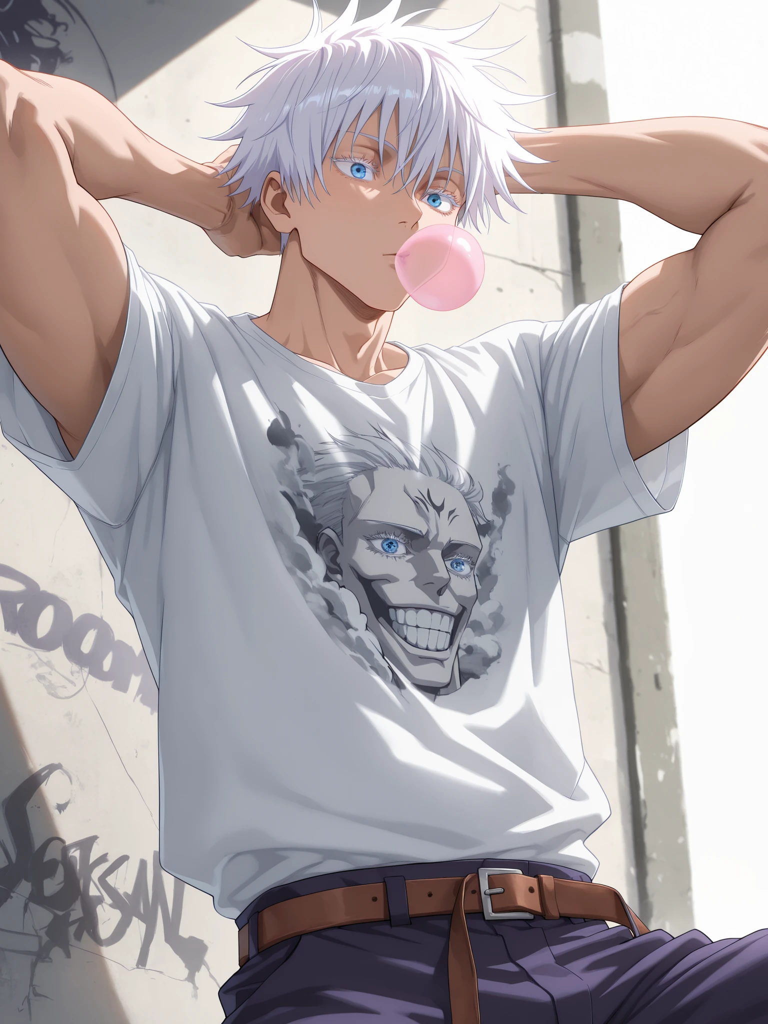 (masterpiece, best quality), amazing quality, very aesthetic, absurdres, highres, newest, HDR, 8K, anime style, cinematic, professional lighting, backlighting, dynamic angle, 1man, adult, male focus, gojou satoru, jujutsu kaisen, white hair, short hair, ((hair between eyes)), colored eyelashes, white eyelashes, blue eyes, intricate eye iris, detailed eyes, muscular male, sexy man, handsome man, handsome face, graffiti-covered wall, chewing gum, bubble gum, oversize tshirt, cargo pants, Rocky belt with rivets, cool_man_style, cool man, stylish man, handsome man, male cool clothes, cool fashion, intricate clothes, intricate accessories, intricate patterns, cool, stylish, close up, dynamic pose, epic pose