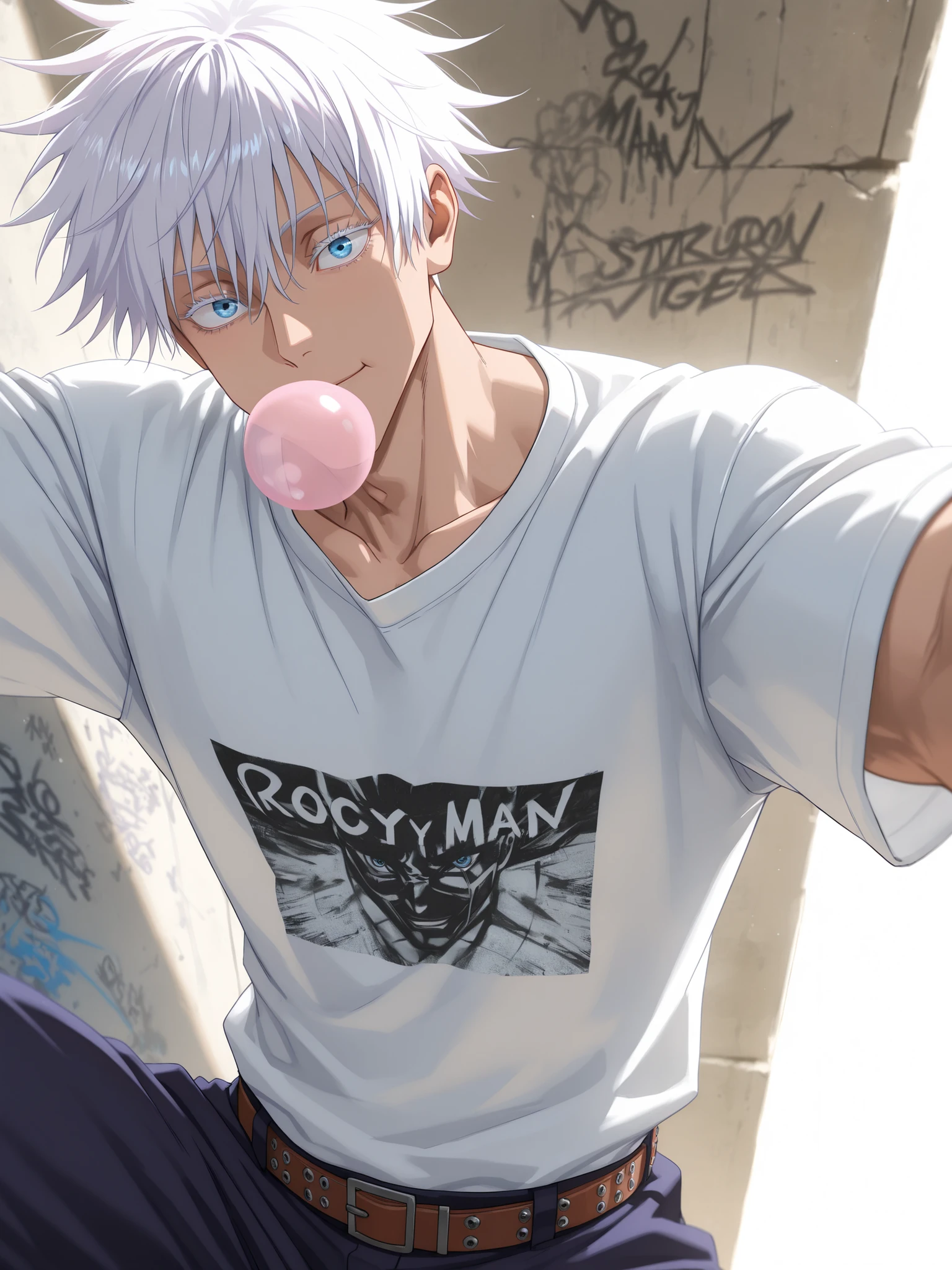 (masterpiece, best quality), amazing quality, very aesthetic, absurdres, highres, newest, HDR, 8K, anime style, cinematic, professional lighting, backlighting, dynamic angle, 1man, adult, male focus, gojou satoru, jujutsu kaisen, white hair, short hair, ((hair between eyes)), colored eyelashes, white eyelashes, blue eyes, intricate eye iris, detailed eyes, muscular male, sexy man, handsome man, handsome face, graffiti-covered wall, chewing gum, bubble gum, oversize tshirt, cargo pants, Rocky belt with rivets, cool_man_style, cool man, stylish man, handsome man, male cool clothes, cool fashion, intricate clothes, intricate accessories, intricate patterns, cool, stylish, close up, dynamic pose, epic pose