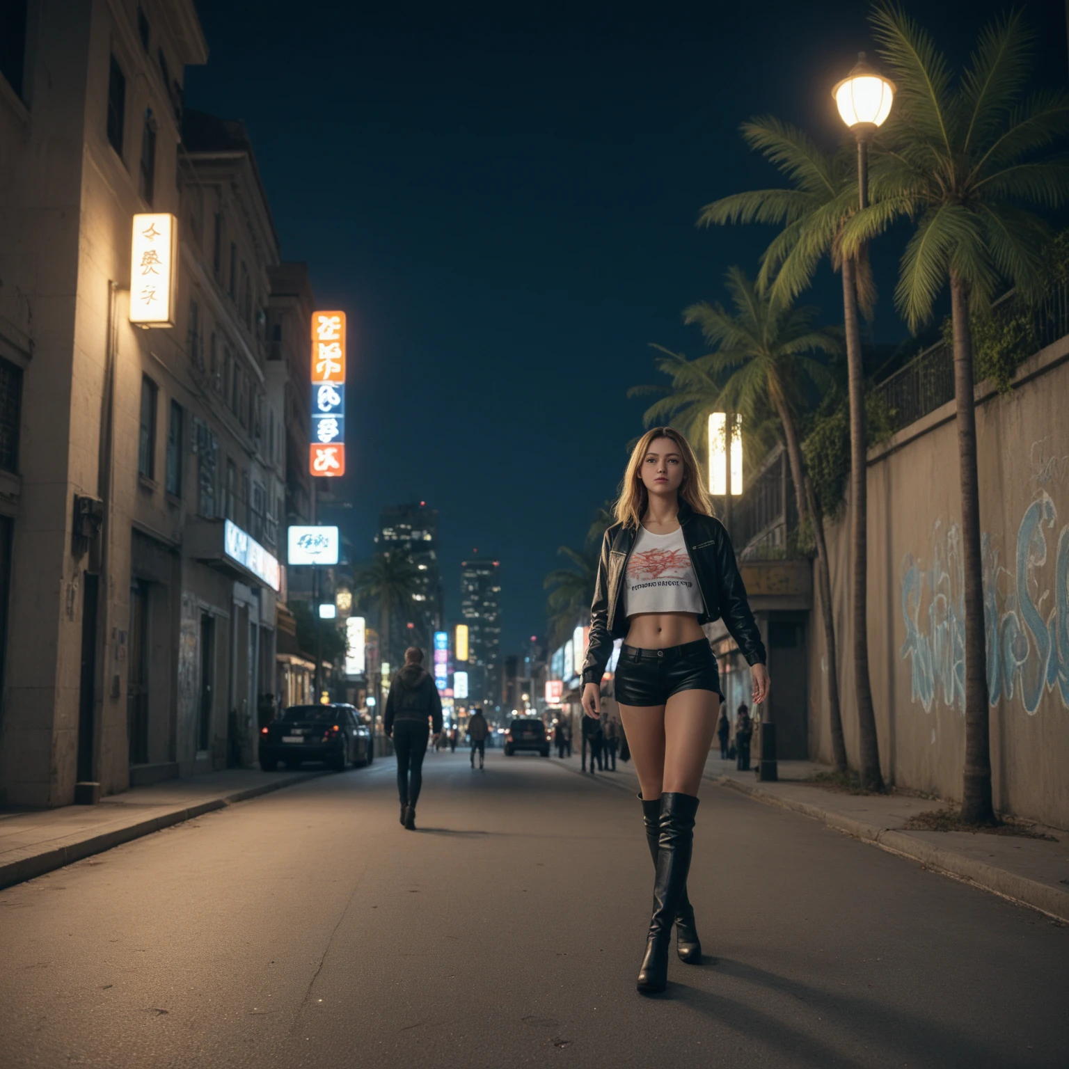 A girl with short blonde hair,With a necklace,The upper body is wearing overalls,The lower body wears stockings and high heels,She was holding a billboard,The billboard reads "Telecom 50% Off Super Discount",ssmile,High-quality images,Fill in as much detail as possible,cyber punk style