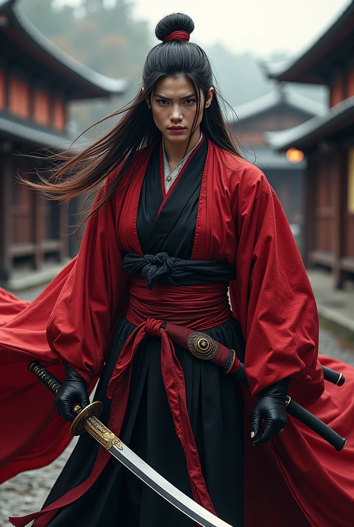 score_9, score_8_up, score_7_up, rating_safe, cowboy shot, vivid colors, high quality, from below angle, full body,
a female ronin, (holding a katana over shoulder:1.2), (get down on one knee pose:1.3), kimono, belt, beaded bracelet, sandals, face up, looking at viewer, angry, despise, background is the street of an ancient japanese town, outdoor, day time, natural lighting, 
in the style of Derek Gores, <lora:Pony_Weapon_Katana_-_By_HailoKnight:1>