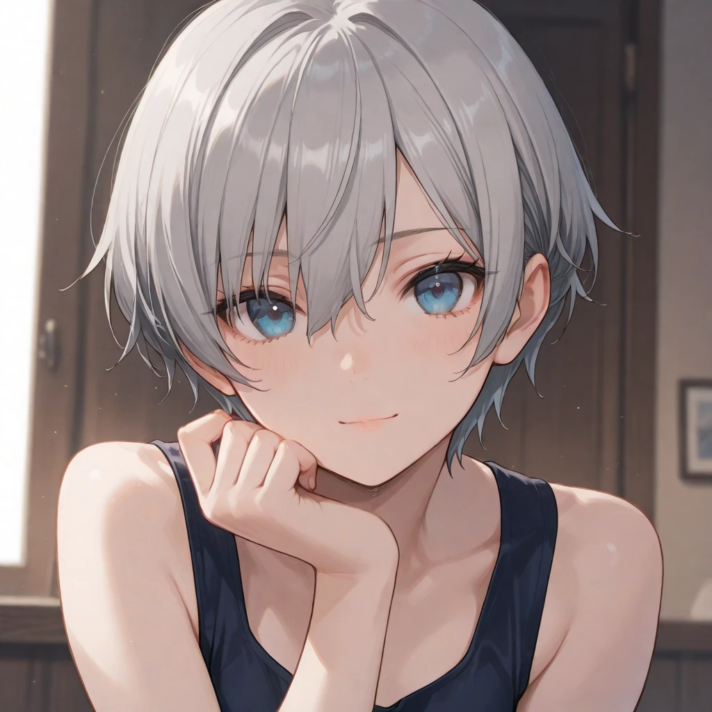 score_9, score_8_superior, score_7_superior,anime, High-resolution images,masterpiece,Highest quality、shirt、Middle school students、Cute Face,Beautiful Skin,Shiny Hair、Short Hair、Gray Hair、smile、Leaning forward、flat chest,Breast flash