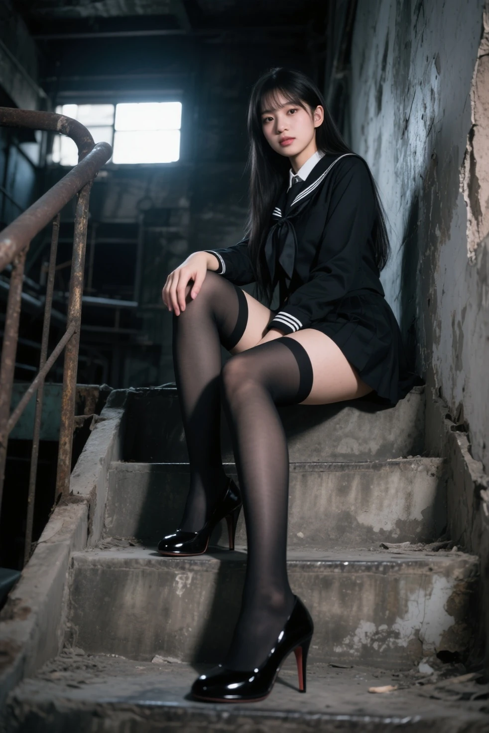 ((asian girl)),((smile, whitre shirt, red bow tie, dark blue pleated skirt, black stockings, black shoes)), ((simple background, white background)), bright theme,(masterpiece),((ultra-detailed)), (highly detailed CG illustration),(expressionless), (best quality:1.2),(1girl:1.2),High quality texture, intricate details, detailed texture, High quality shadow, thin lips, brown eye pupil, depth of field, perspective,20s, (big eyes:1.2),blush,perfect body, lean body, (narrow waist:1.3), large breast, distinct_image, (lustrous skin), solo focus, (brown hair), (streaked hair), ((short hair)), <lora:add_detail:0.5>, <lora:GoodHands-vanilla:1>, <lora:detailed_notrigger:0.7>, <lora:picxer_real:0.7>, <lora:zyd232_ChineseGirl_v4_2:0.6>, <lora:010:0.4>