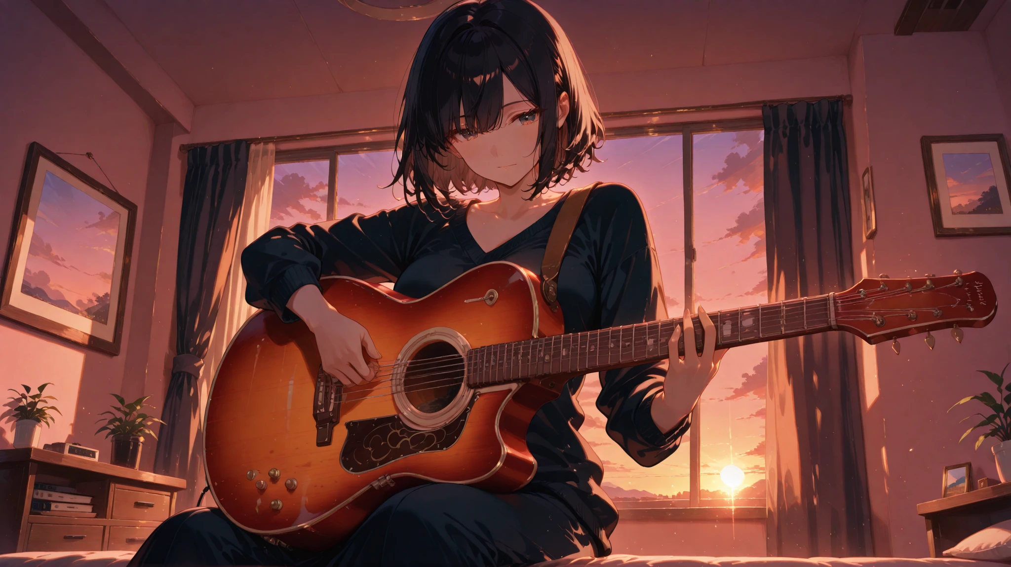 masterpiece,Woman, black hair,playing guitar,sitting,room,evening,cowboy shot,looking viewer,from avobe,anime,高精細