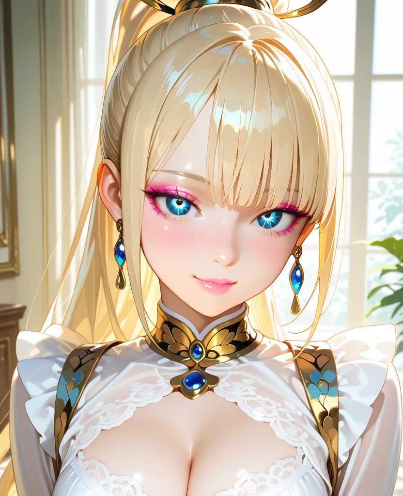 blue eyes, princess peach, blue eyes, sexy, classy, black background, pink top, cleavage, crown, laced bra, blonde, alluring, seductive, (2d cute anime:1.3), Vixip, pastel background, design by Yusuke Kozaki, oil by Gregory Manchess; stunningly alluring, teasing, beautiful, Hand drawing illustration. highly detailed. Cinematic lighting. By sumic.mic